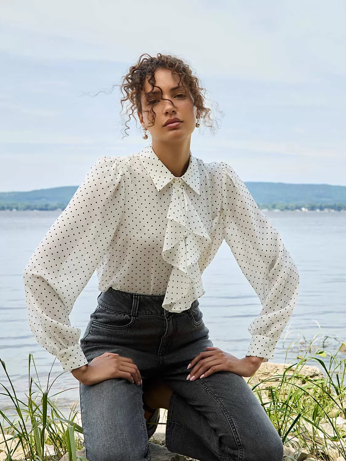 Suzy Shier Tops | Long Sleeve*Dot Print Ruffle Button-Front Blouse