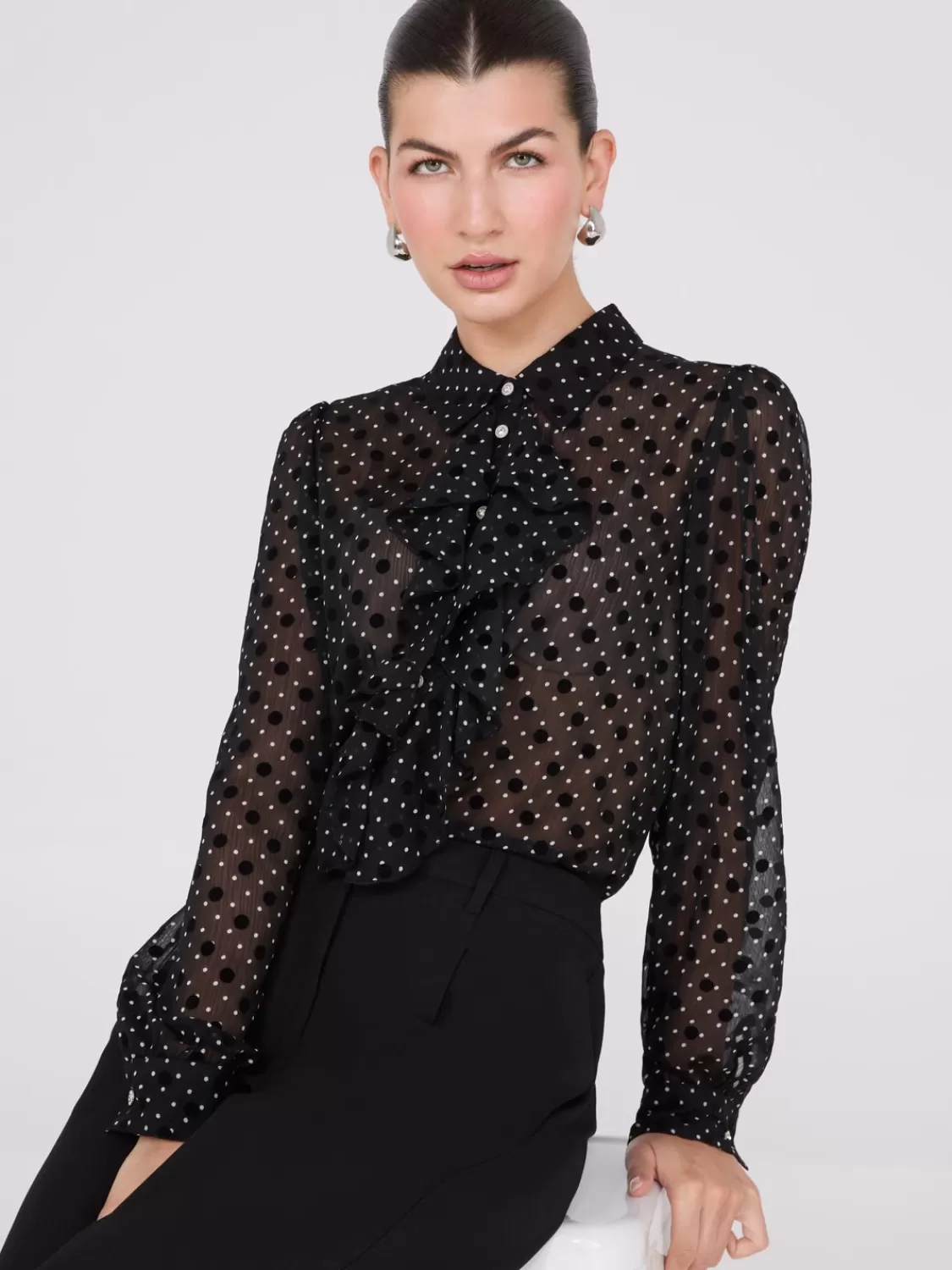 Suzy Shier Tops | Long Sleeve*Dot Print Ruffle Button-Front Blouse
