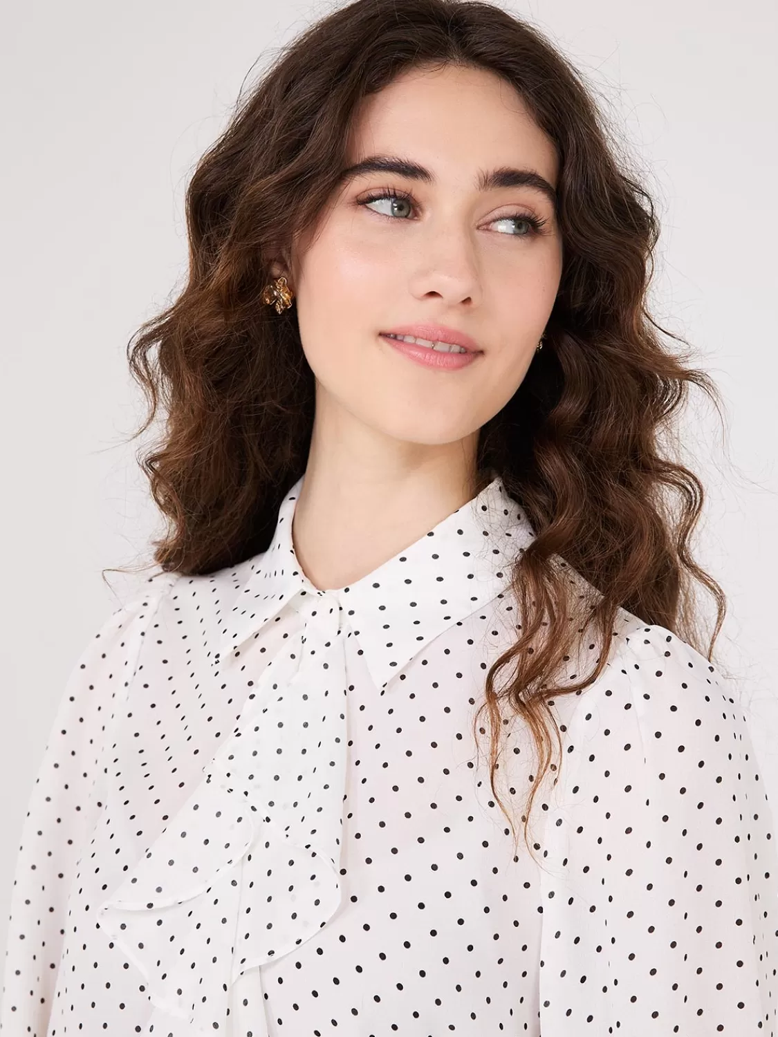Suzy Shier Tops | Long Sleeve*Dot Print Ruffle Button-Front Blouse