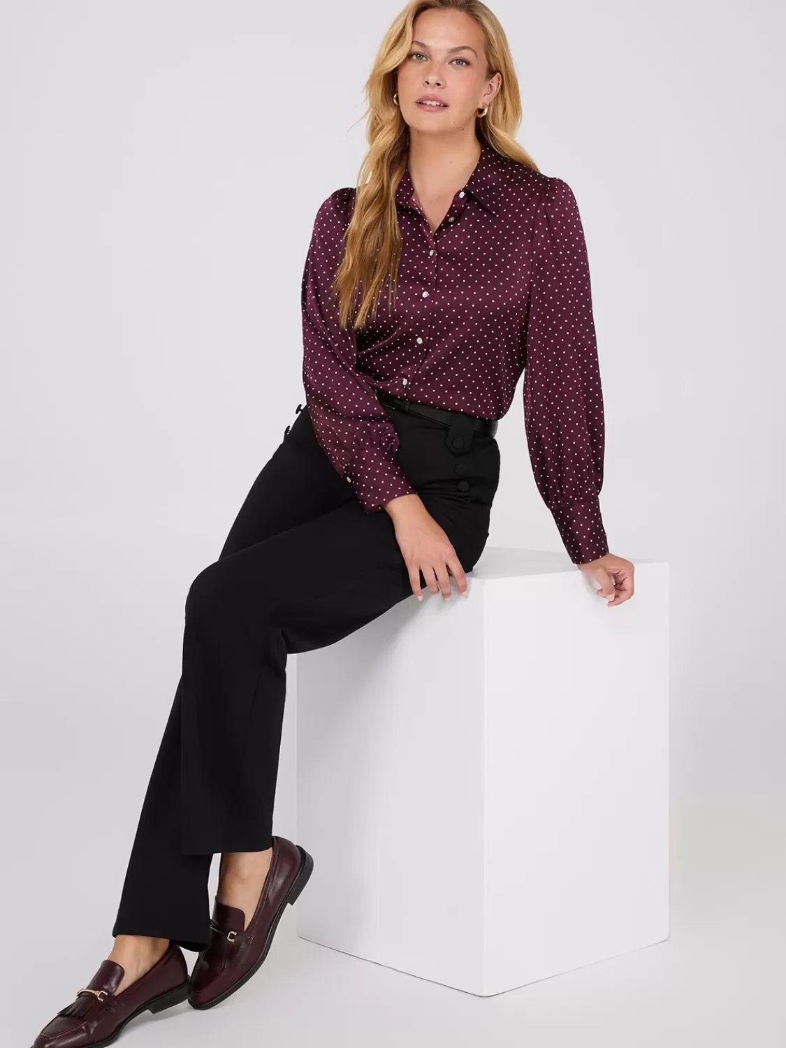 Suzy Shier Tops | Long Sleeve*Dot Print Satin Volume Sleeve Button-Front Blouse