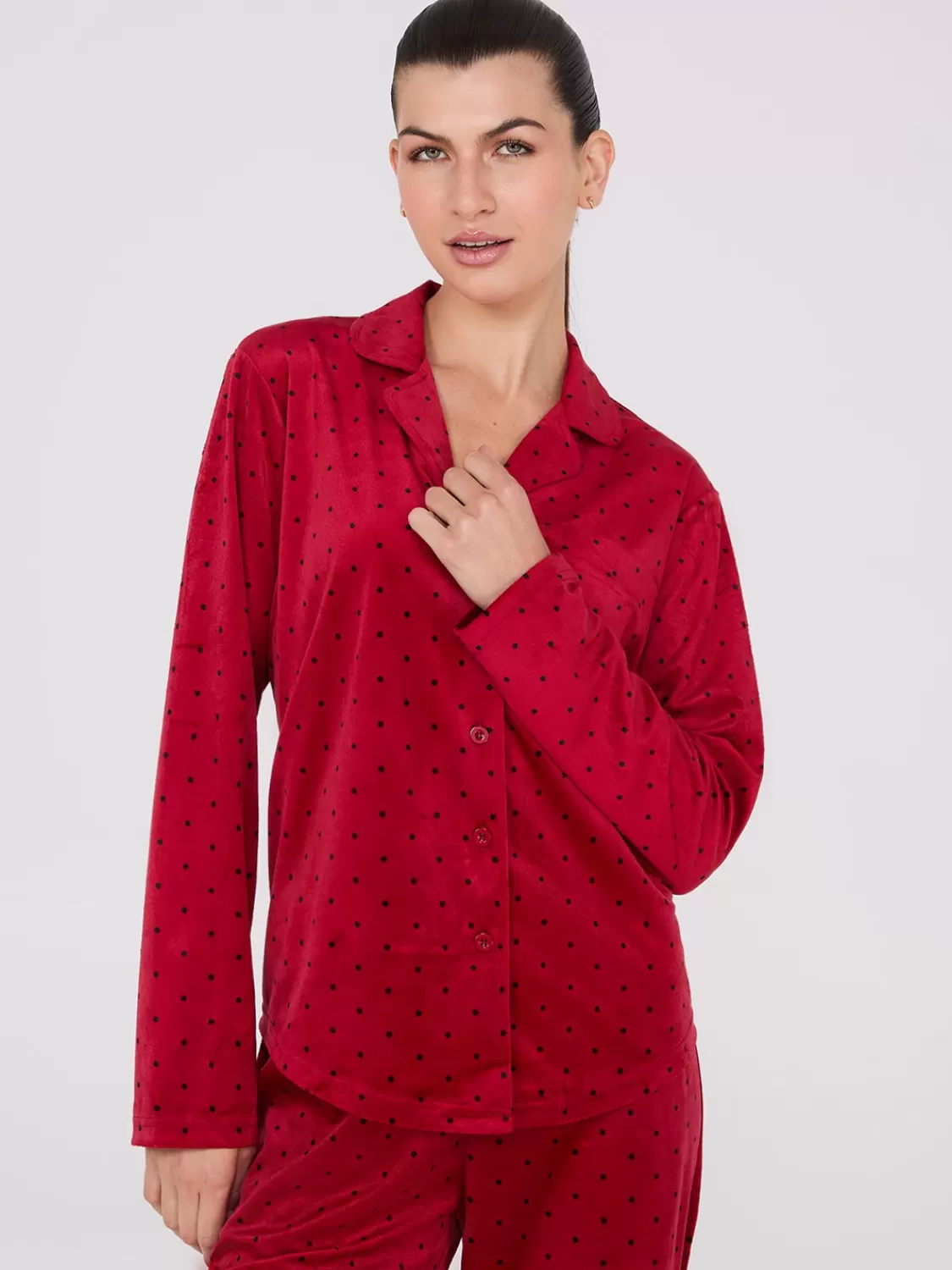 Suzy Shier Lounge & Pjs*Dot Print Velour Button-Down Pajama Set