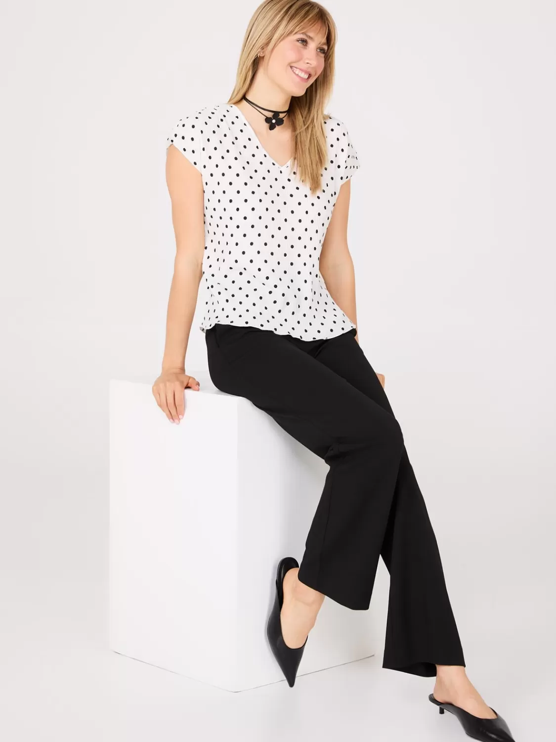 Suzy Shier Tops | Short Sleeve*Dot Print V-Neck Pleated Top