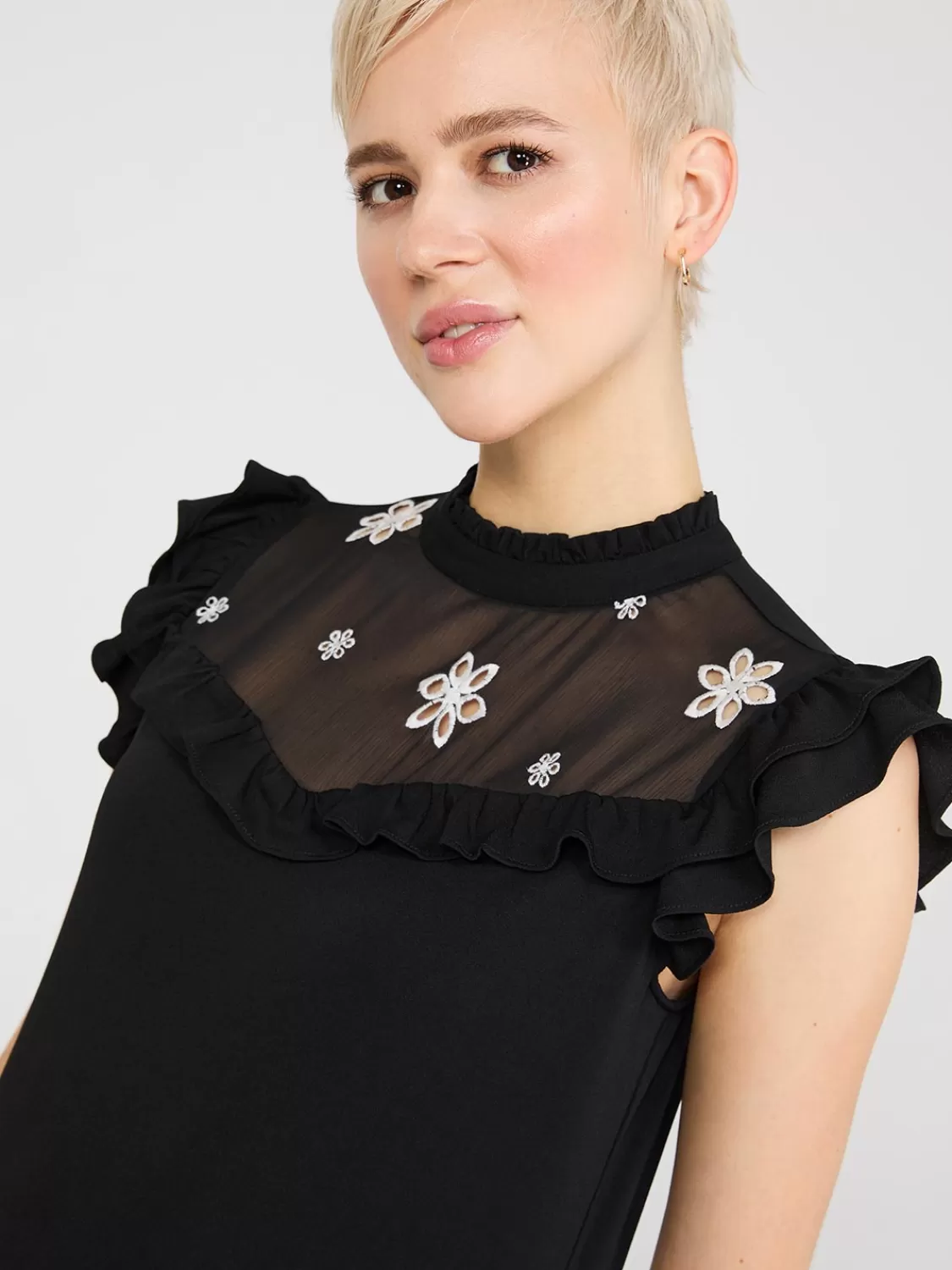 Suzy Shier Tops | Sleeveless*Double Ruffle Embroidered Top