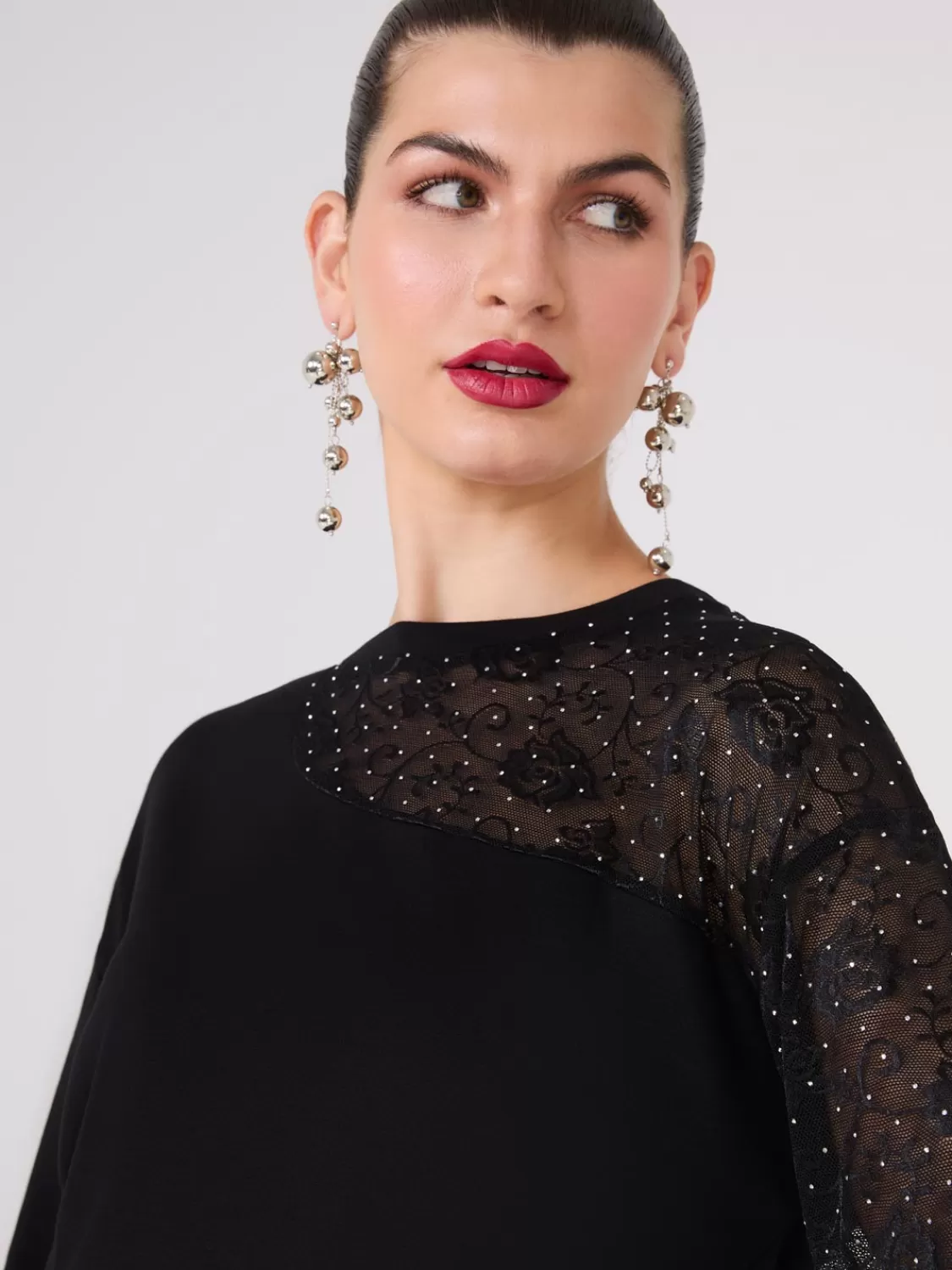 Suzy Shier Long Sleeve | Fashion Tops*Drop Shoulder Sweater With Lace & Rhinestone Sleeve