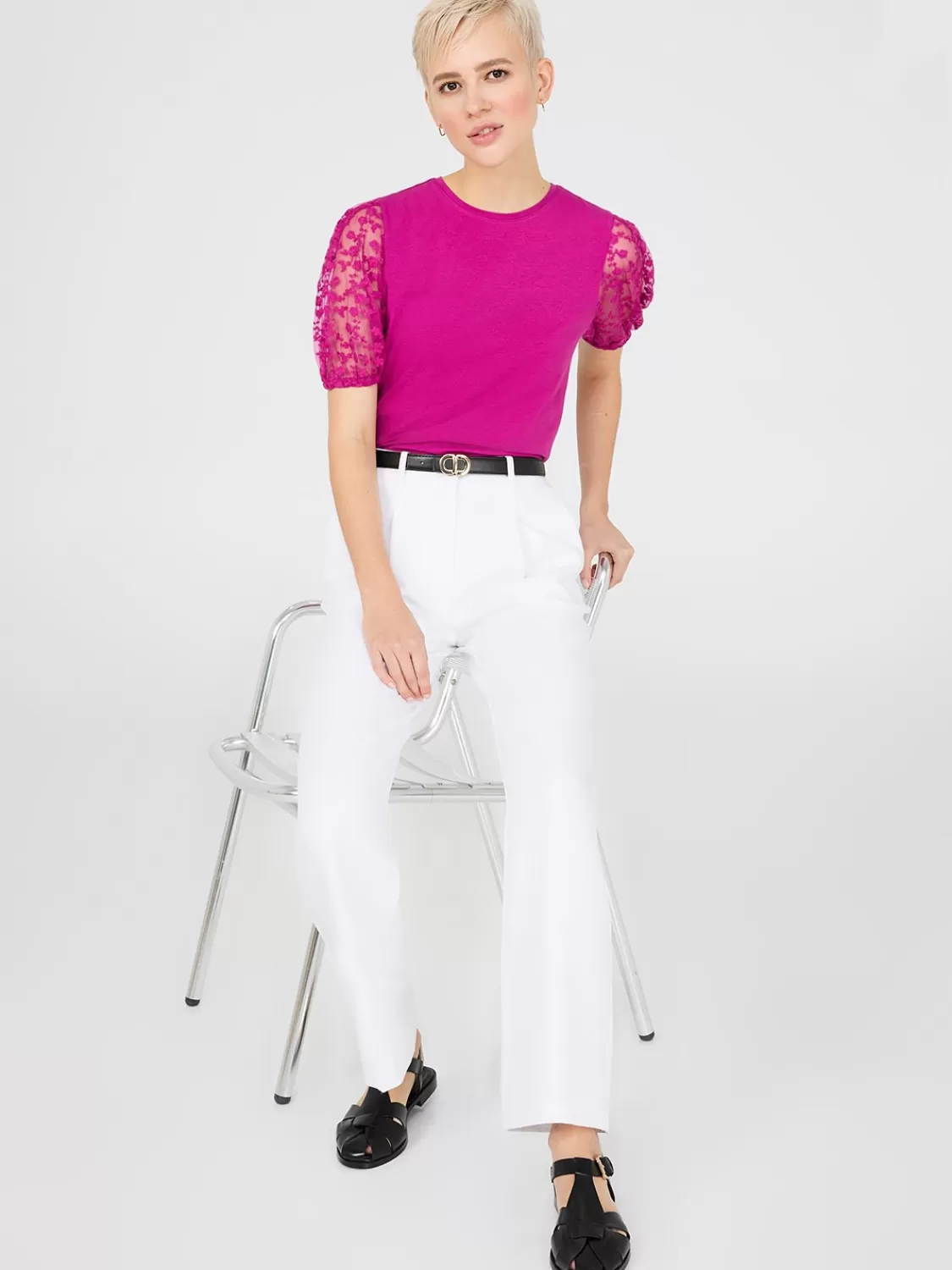 Suzy Shier Short Sleeve | Tank Tops & T-Shirts*Embroidered Mesh Sleeve T-Shirt