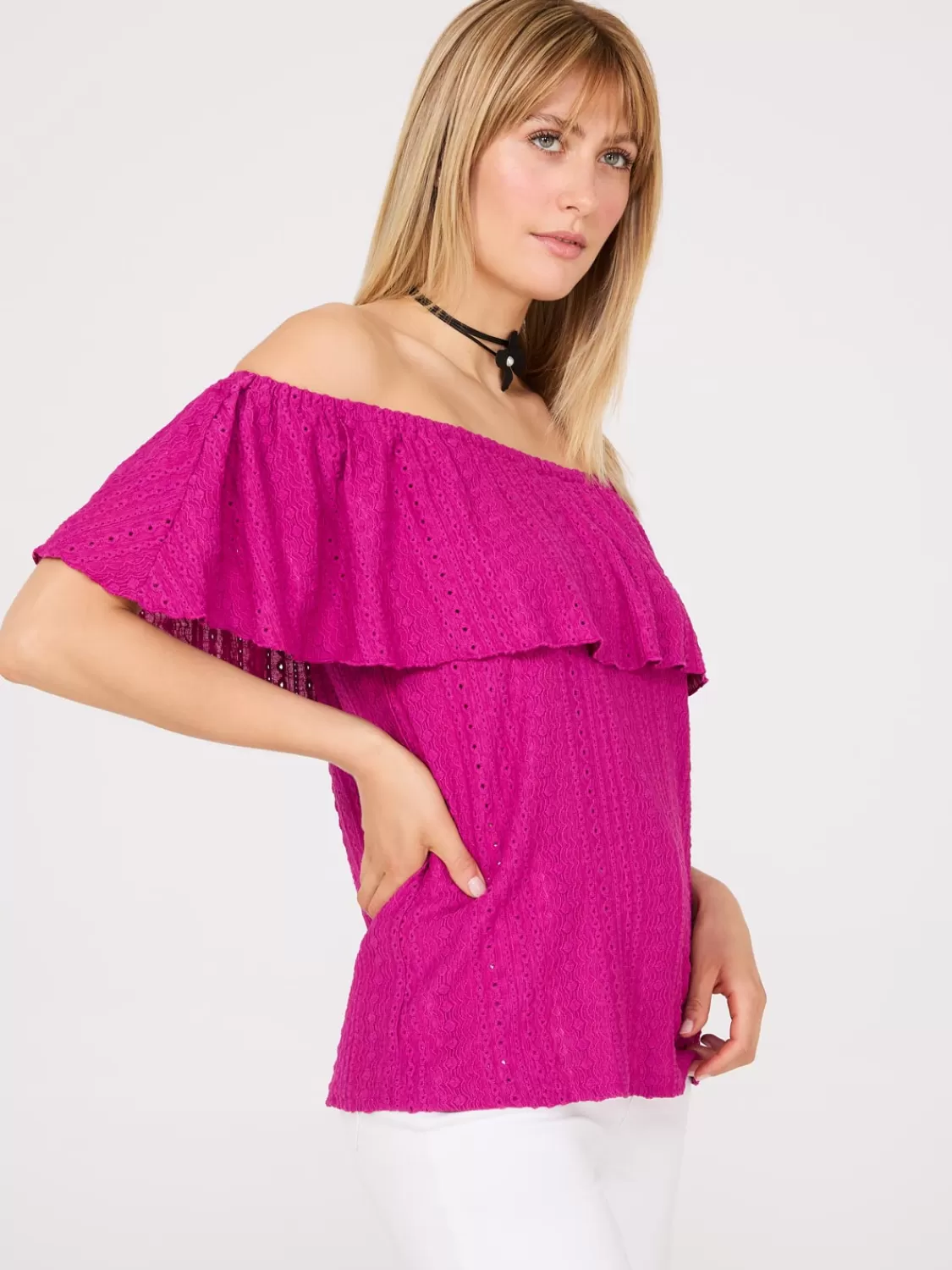 Suzy Shier Tops | Short Sleeve*Eyelet Textured Off-The-Shoulder Top
