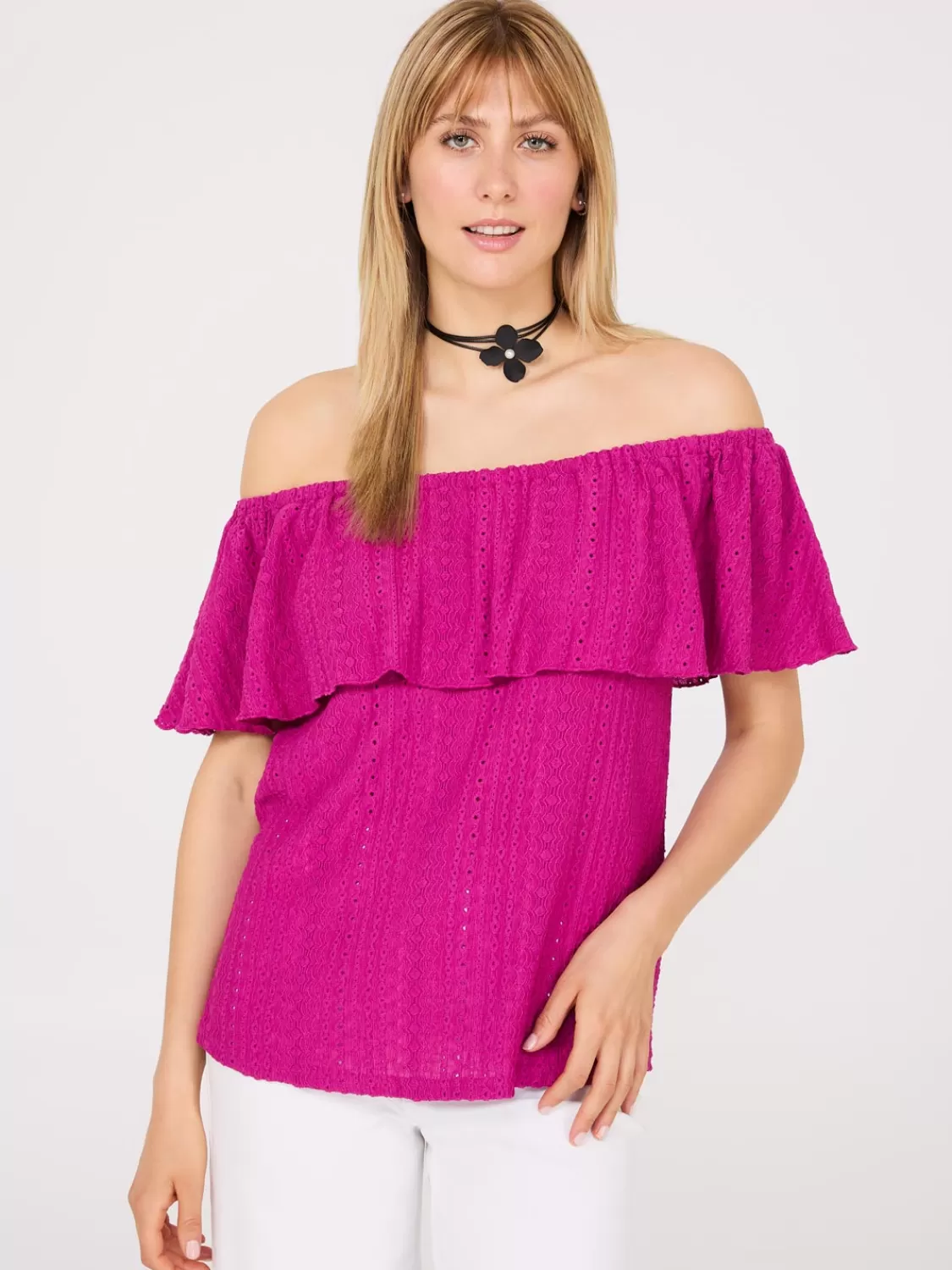 Suzy Shier Tops | Short Sleeve*Eyelet Textured Off-The-Shoulder Top