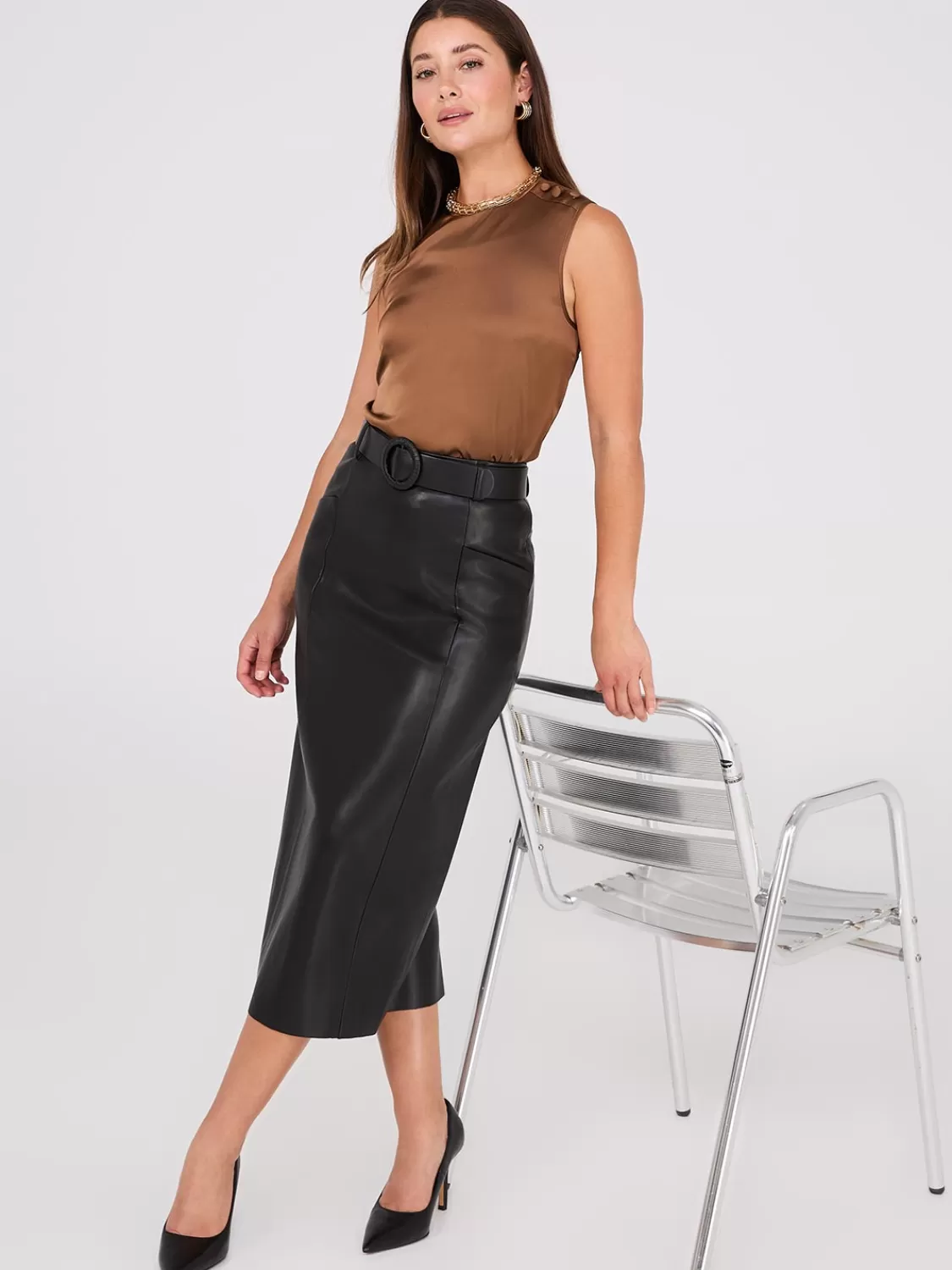 Suzy Shier Skirts*Faux Leather Belted Pencil Skirt