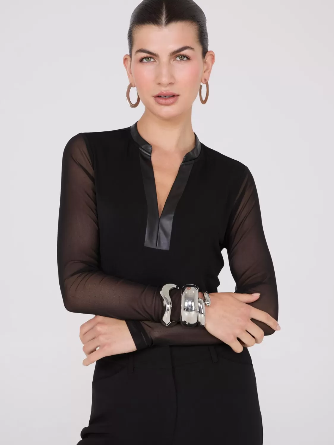 Suzy Shier Tops | Long Sleeve*Faux Leather Collared Top With Mesh Sleeves