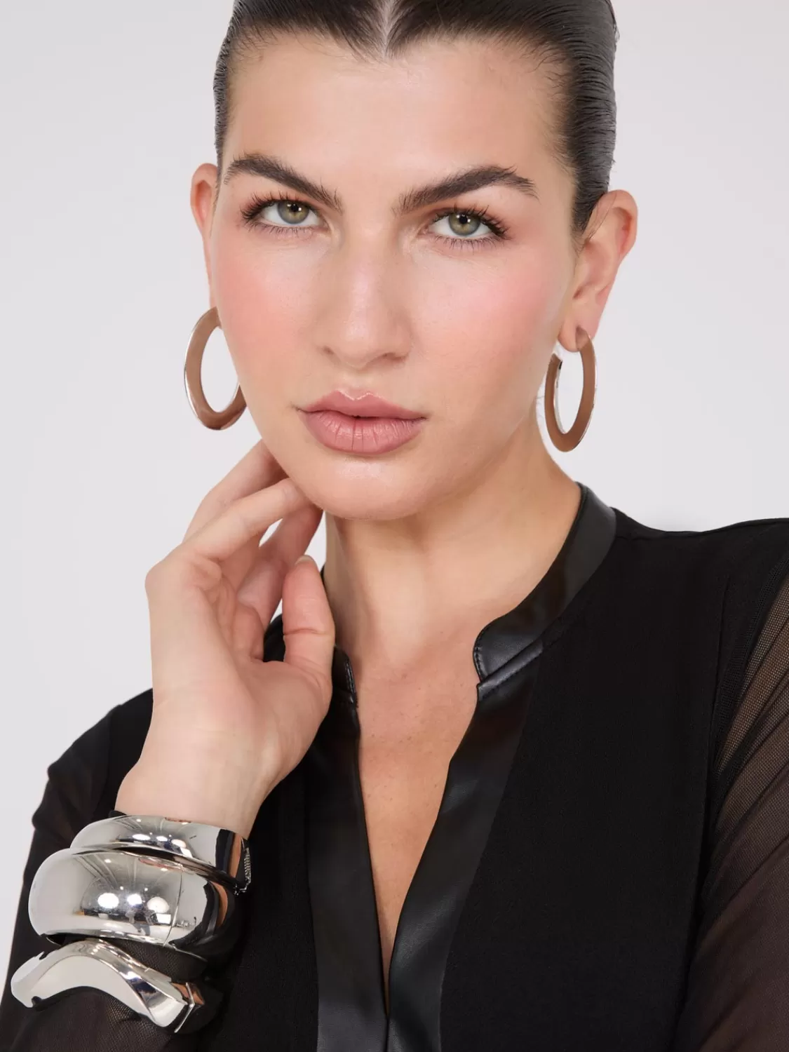 Suzy Shier Tops | Long Sleeve*Faux Leather Collared Top With Mesh Sleeves