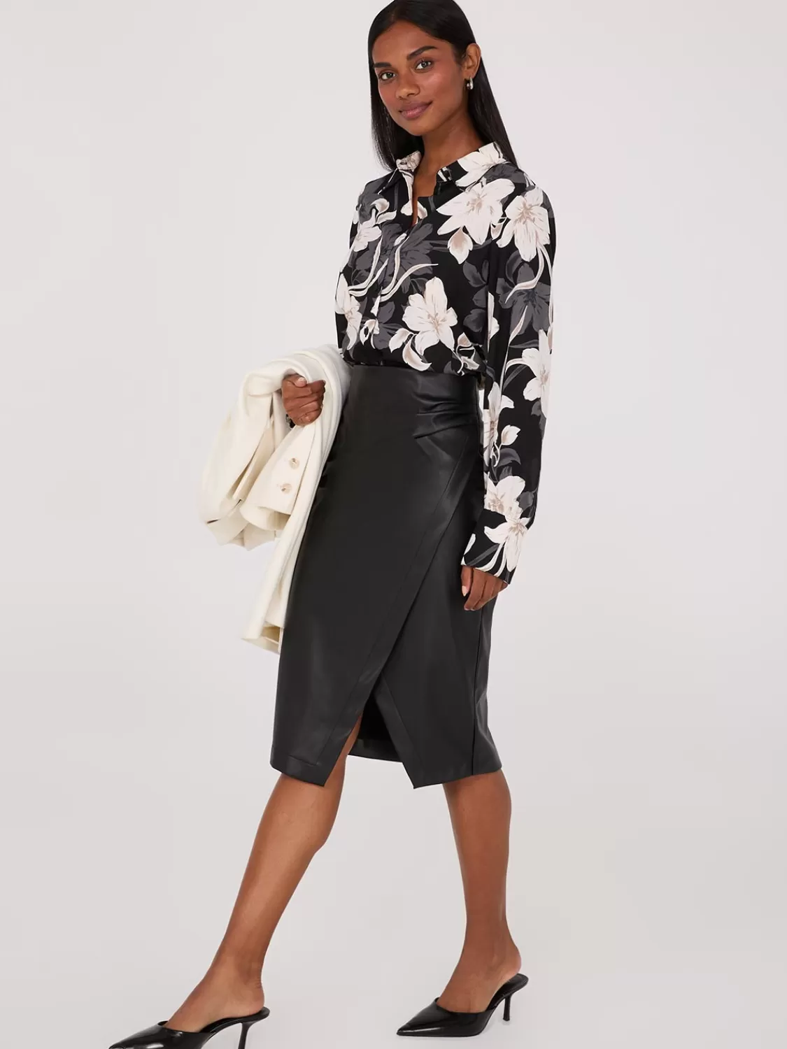 Suzy Shier Skirts*Faux Leather Front Wrap Pencil Skirt