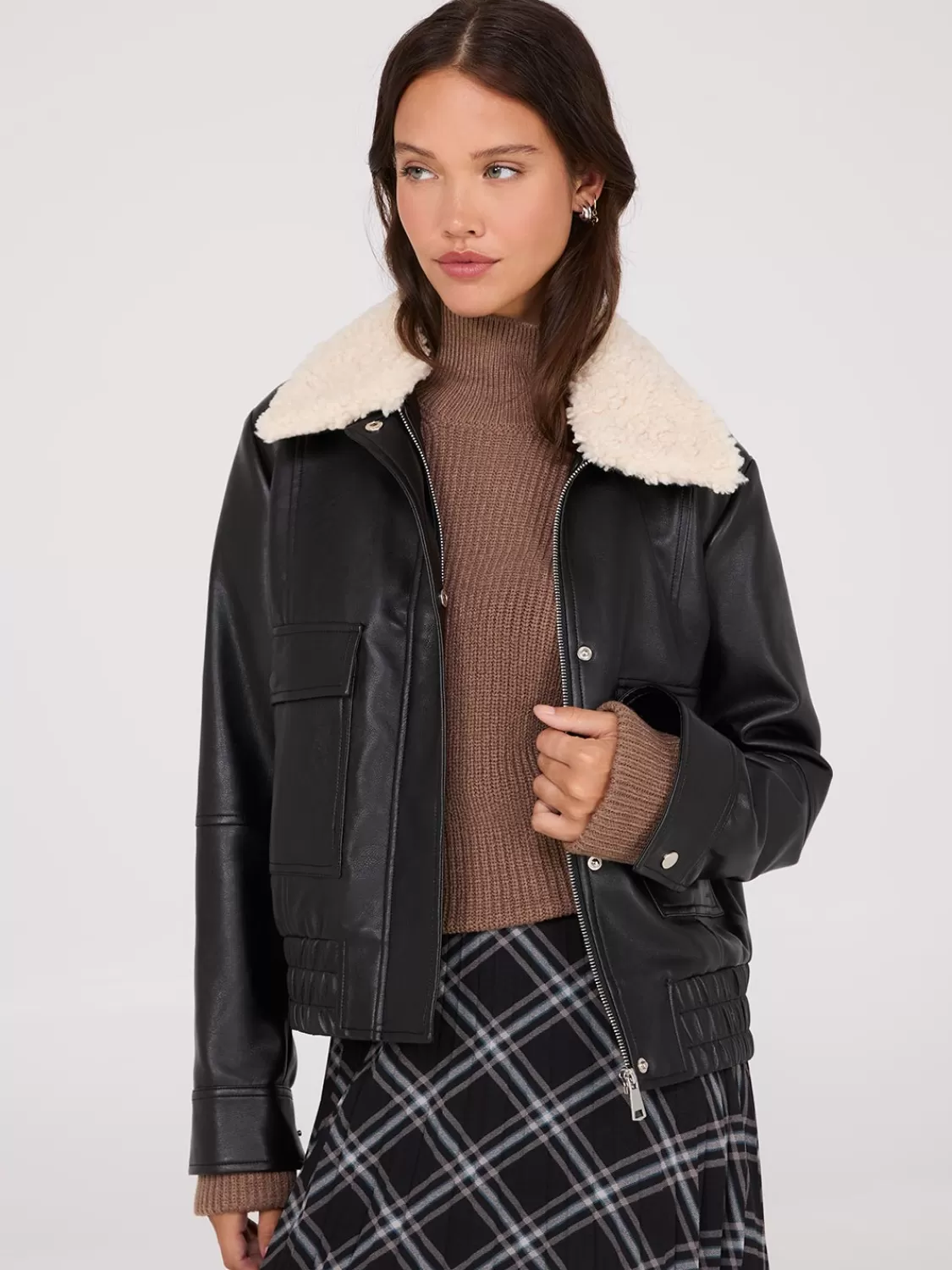 Suzy Shier Puffers & Jackets | Puffers & Jackets*Faux Leather Jacket With Shearling Collar