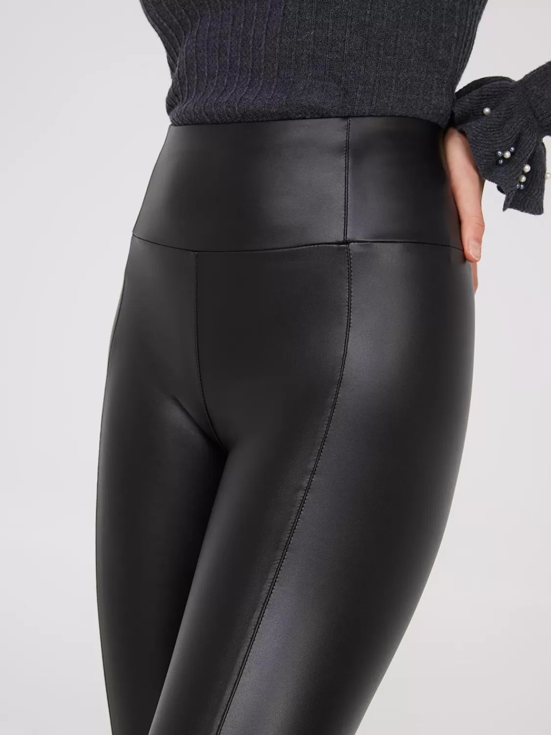 Suzy Shier Leggings & Sweatpants*Faux Leather Leggings With Seam Details