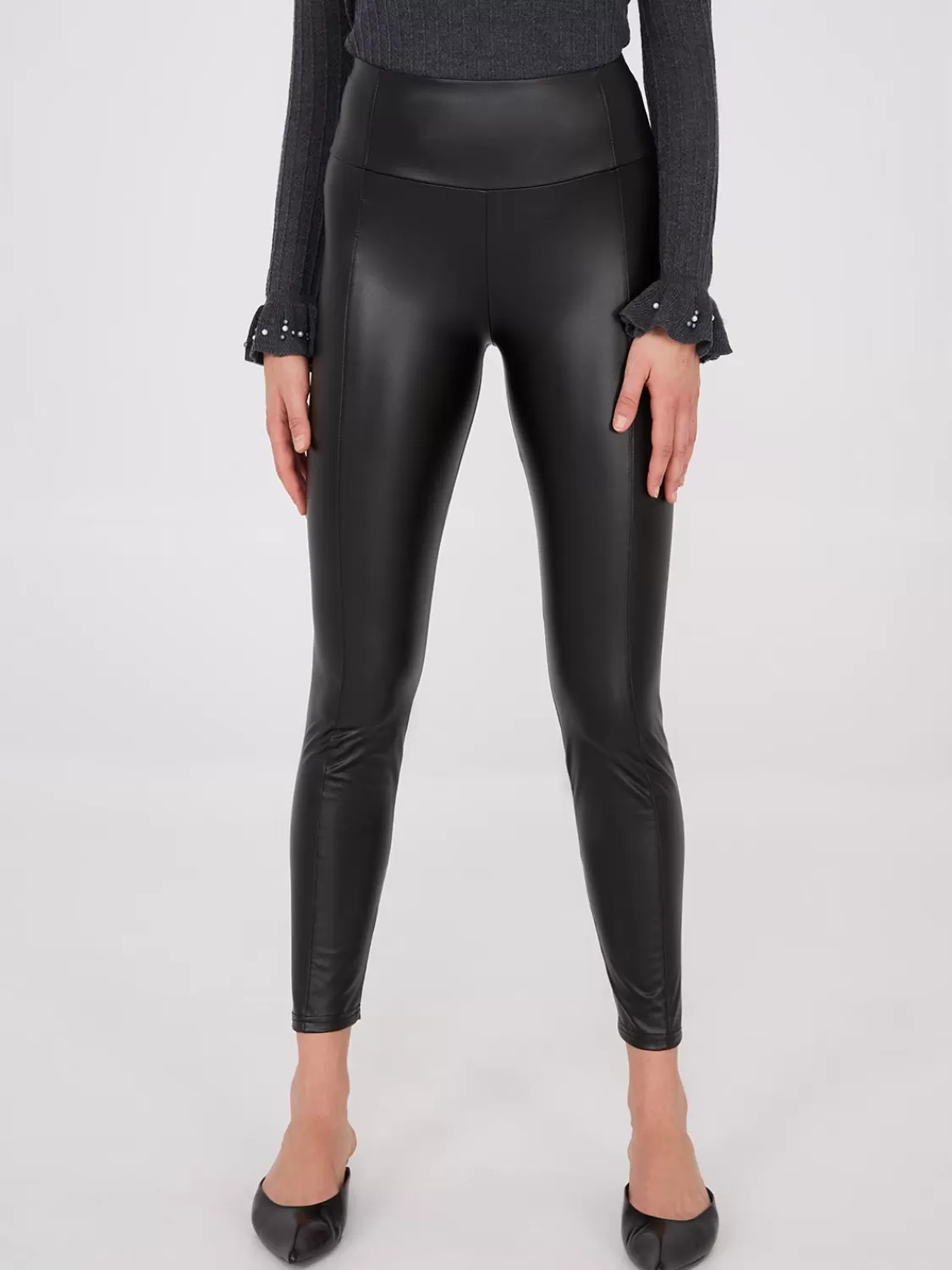 Suzy Shier Leggings & Sweatpants*Faux Leather Leggings With Seam Details