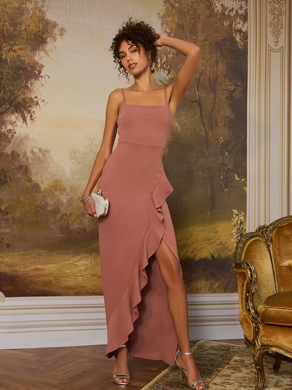 Suzy Shier Evening Gowns - Le Château*Fitted Gown With Ruffled Side Slit