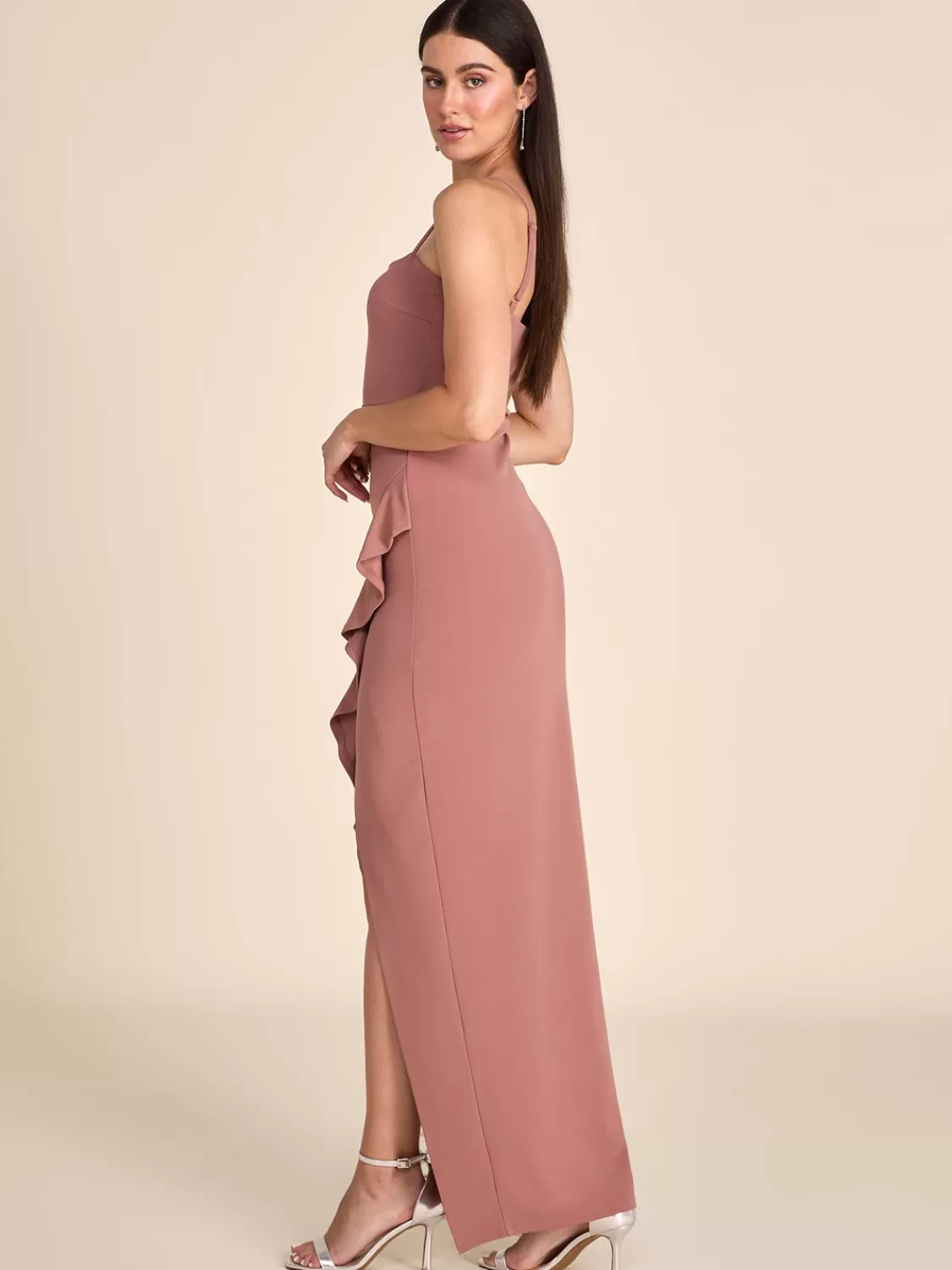 Suzy Shier Evening Gowns - Le Château*Fitted Gown With Ruffled Side Slit