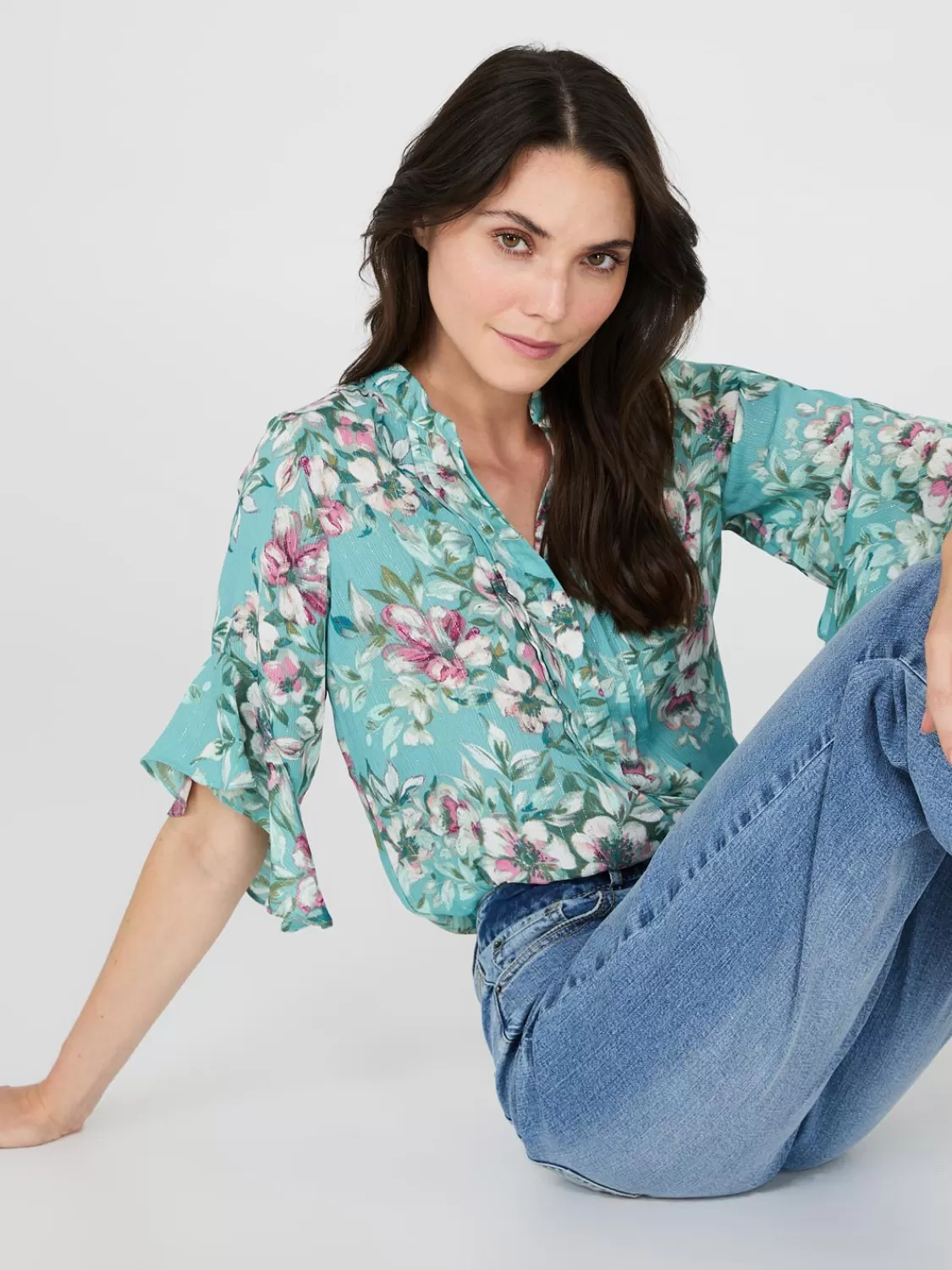 Suzy Shier Tops | Short Sleeve*Floral Print 3/4 Ruffle Sleeve Tunic Blouse