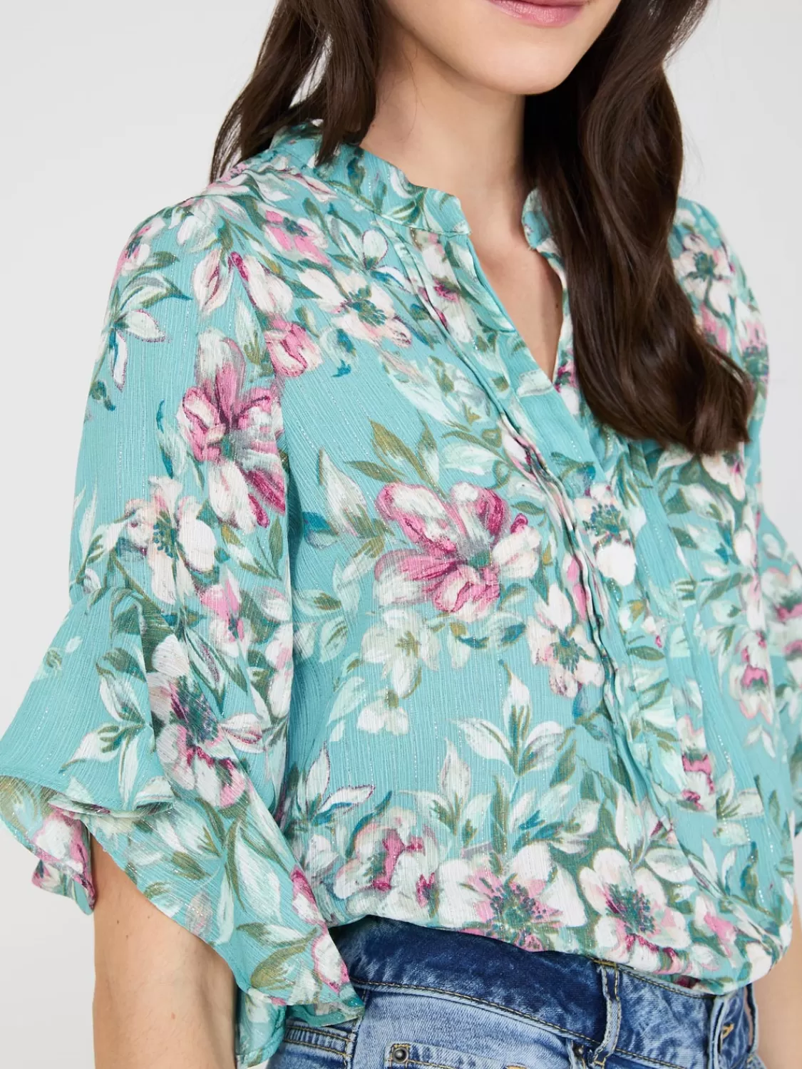 Suzy Shier Tops | Short Sleeve*Floral Print 3/4 Ruffle Sleeve Tunic Blouse