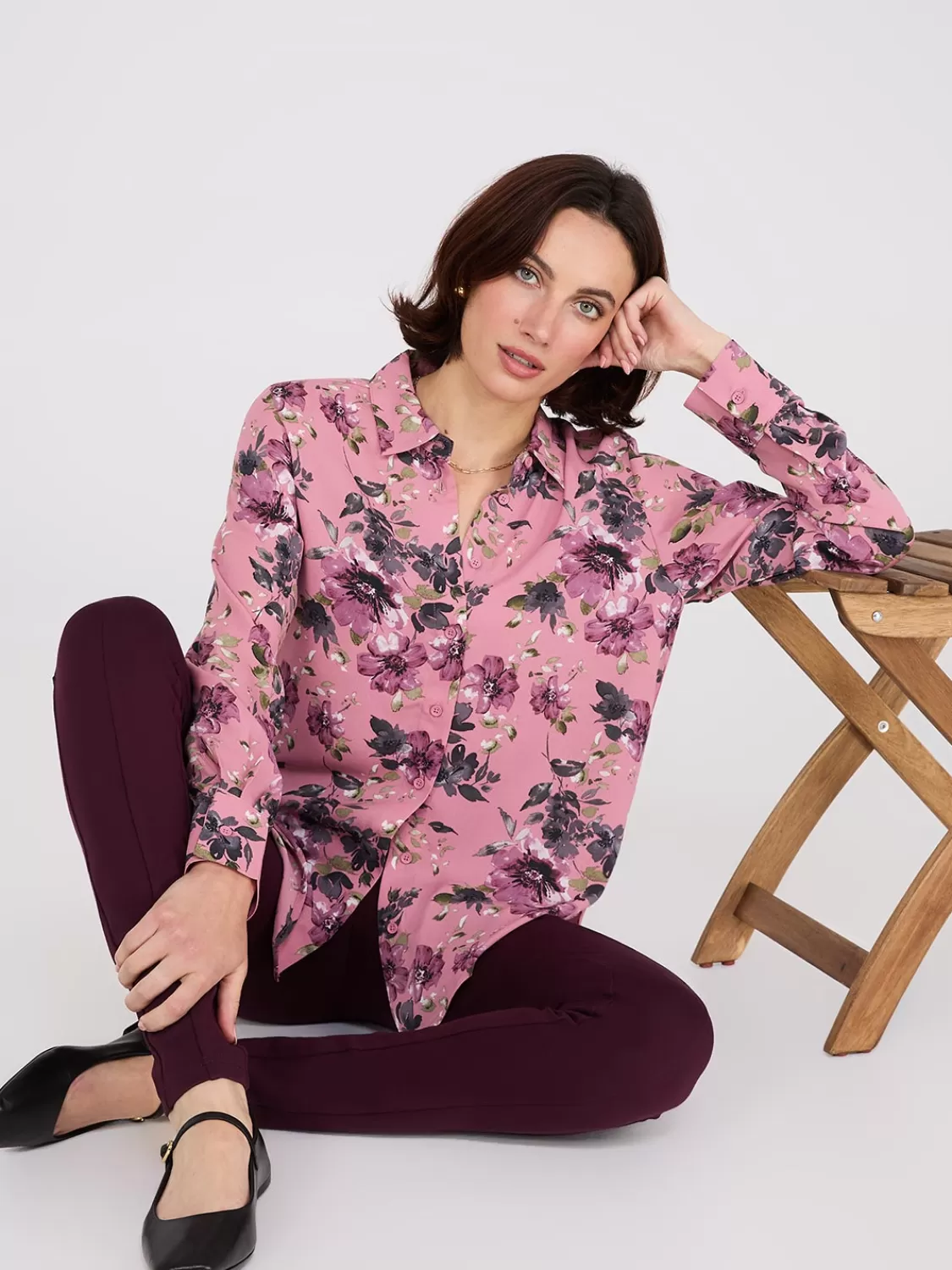 Suzy Shier Tops | Long Sleeve*Floral Print Chiffon Button-Front Blouse