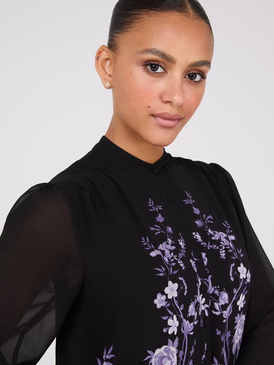 Suzy Shier Tops | Long Sleeve*Floral Print Chiffon Button-Front Flowy Blouse