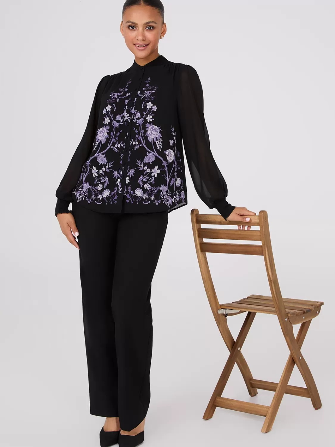 Suzy Shier Tops | Long Sleeve*Floral Print Chiffon Button-Front Flowy Blouse