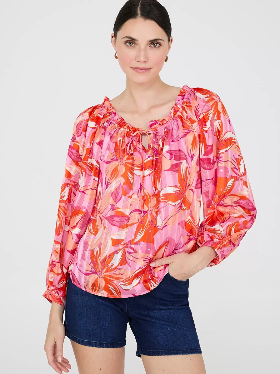 Suzy Shier Tops | Long Sleeve*Floral Print Chiffon Off-The-Shoulder Blouse