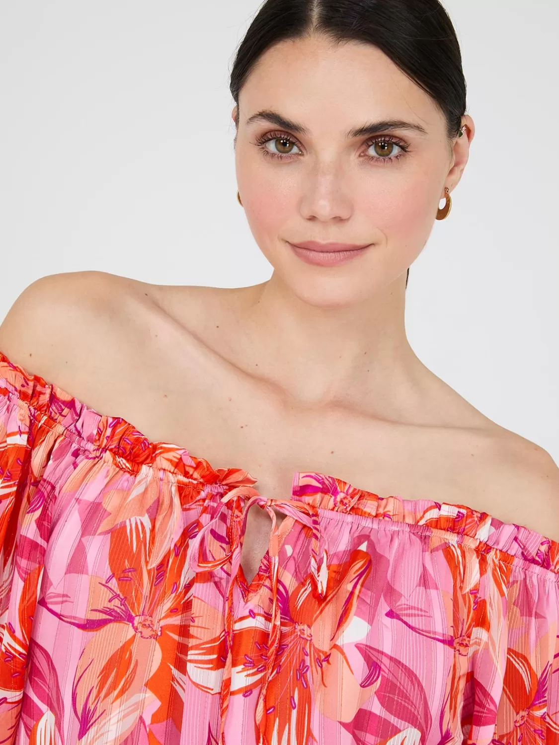 Suzy Shier Tops | Long Sleeve*Floral Print Chiffon Off-The-Shoulder Blouse