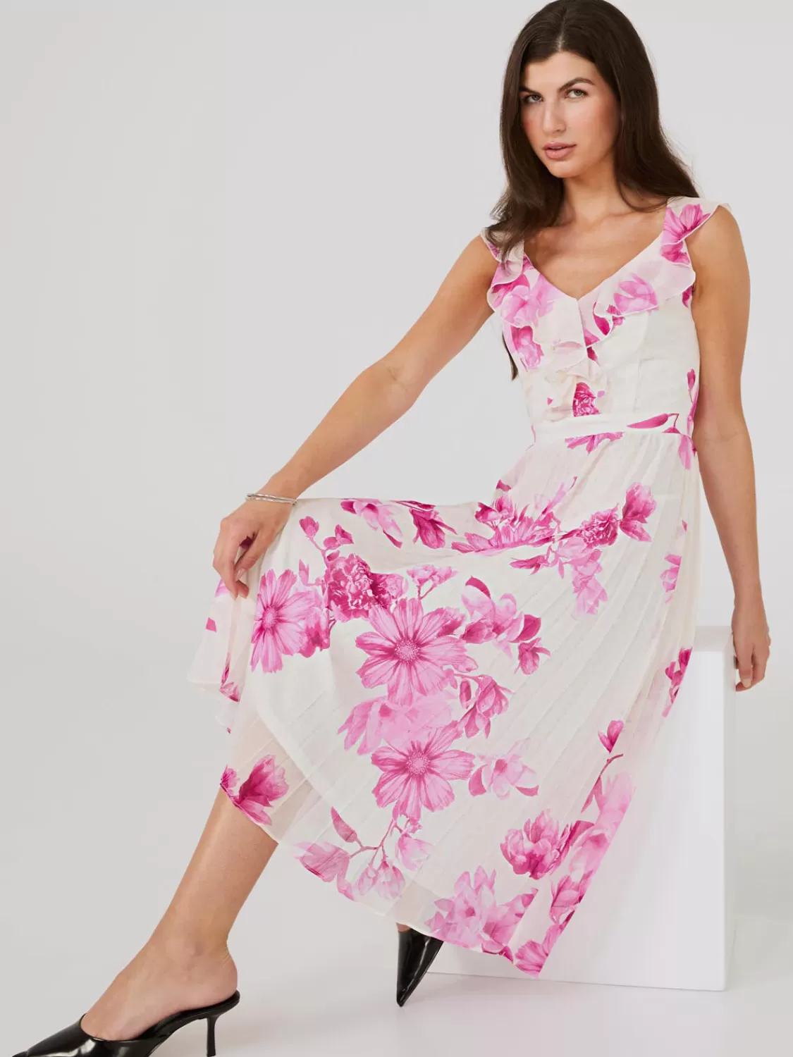 Suzy Shier Midi & Maxi*Floral Print Chiffon Ruffle Midi Dress