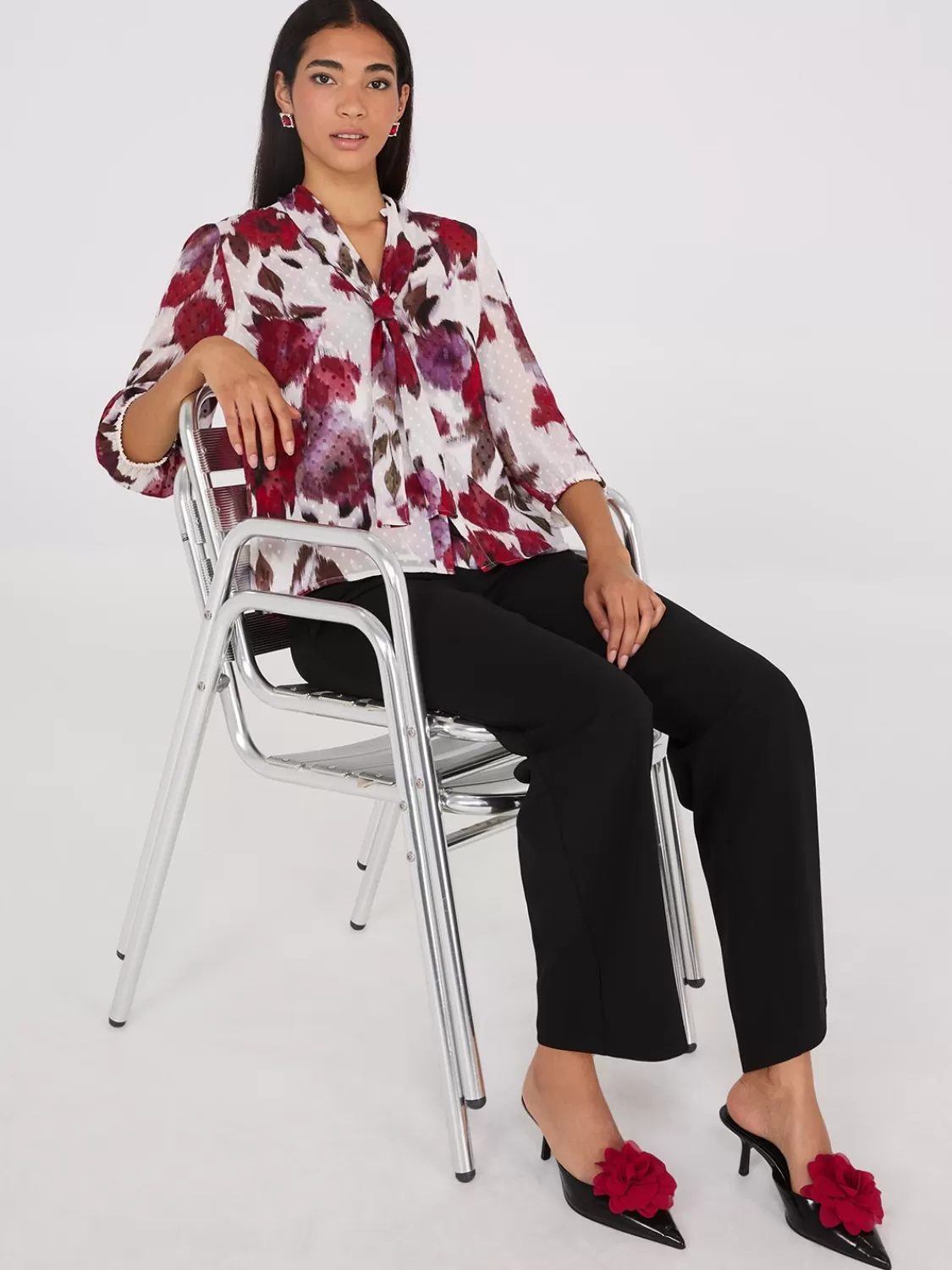 Suzy Shier Tops | Long Sleeve*Floral Print Chiffon Tie Neck Blouse