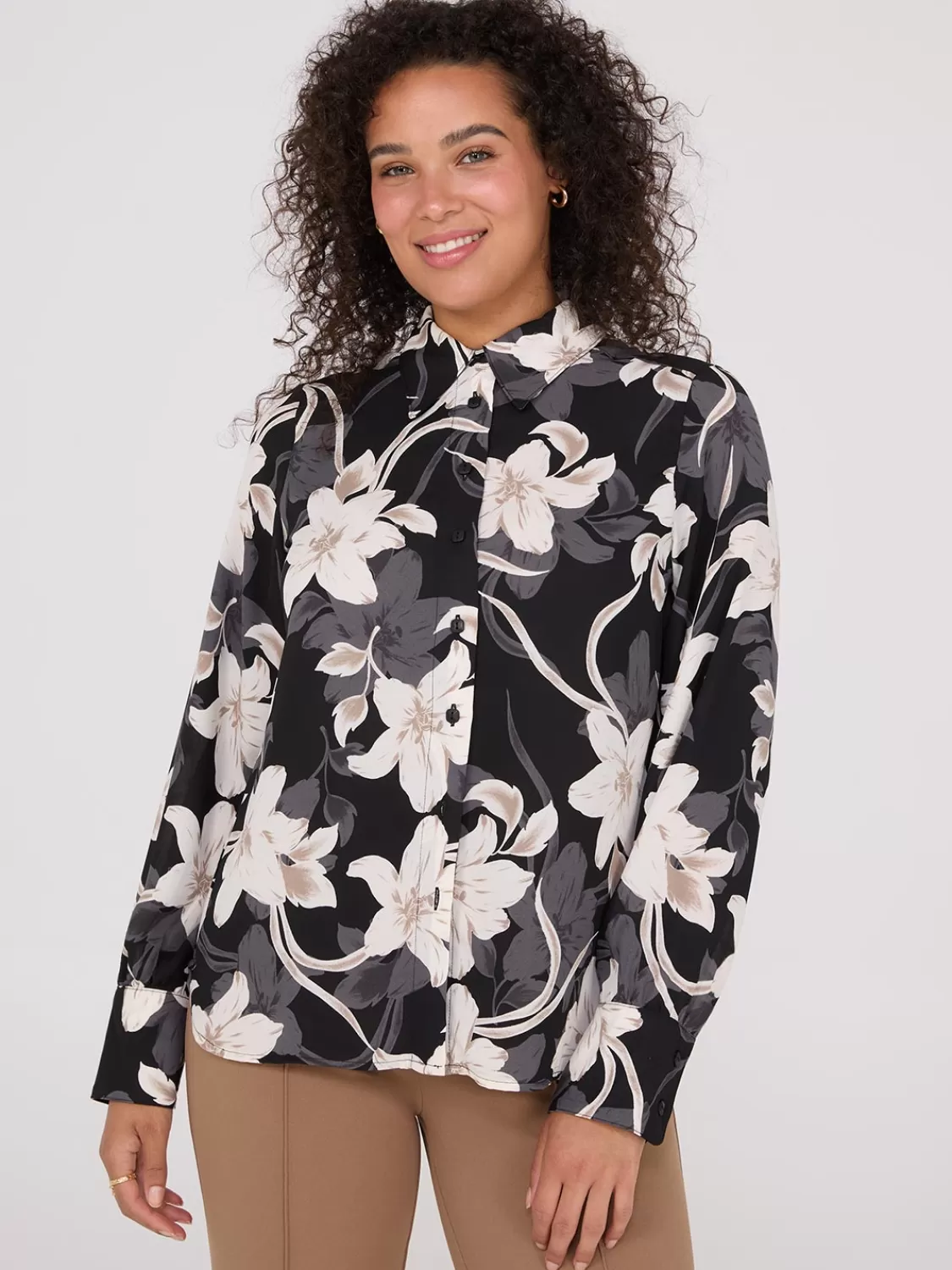 Suzy Shier Tops | Long Sleeve*Floral Print Crepe Chiffon Button-Front Blouse