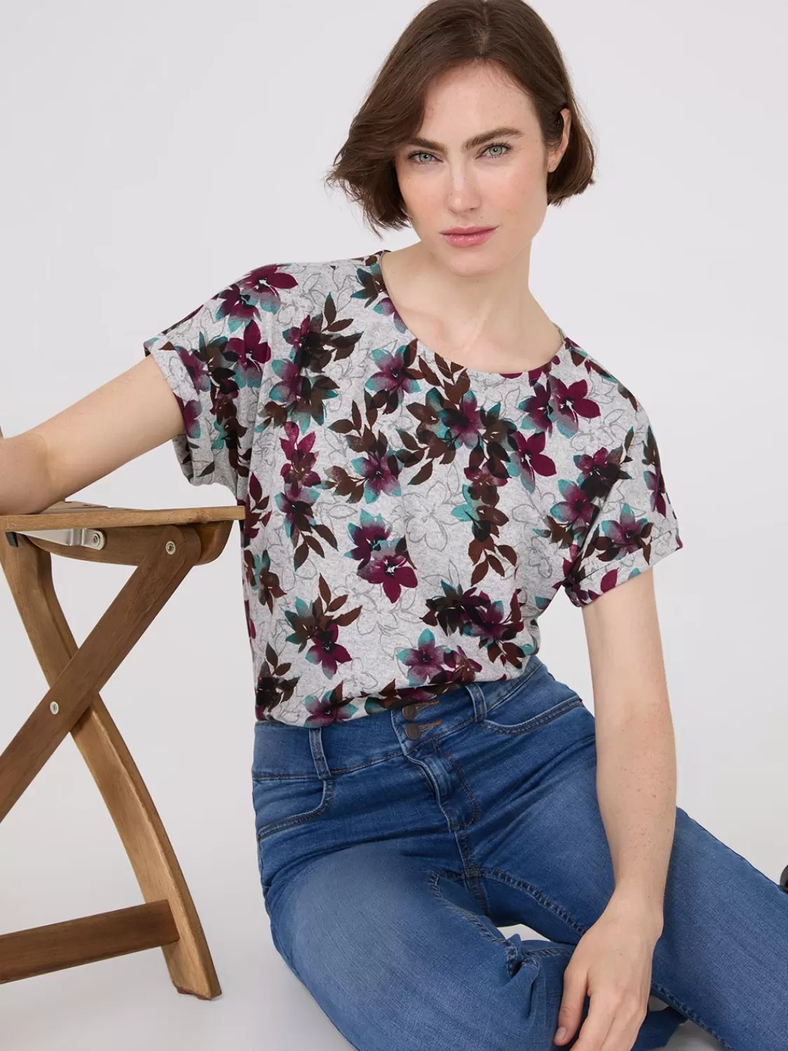 Suzy Shier Short Sleeve | Tank Tops & T-Shirts*Floral Print Cuffed Dolman Sleeve T-Shirt