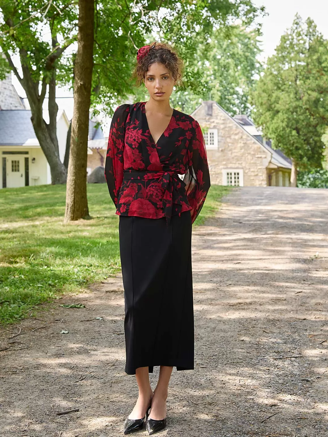 Suzy Shier Tops | Long Sleeve*Floral Print Faux Wrap Blouse