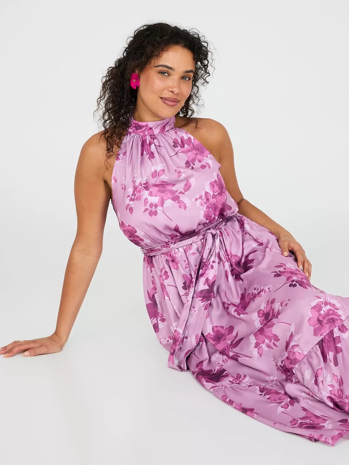 Suzy Shier Midi & Maxi*Floral Print Halter Neck Satin Maxi Dress