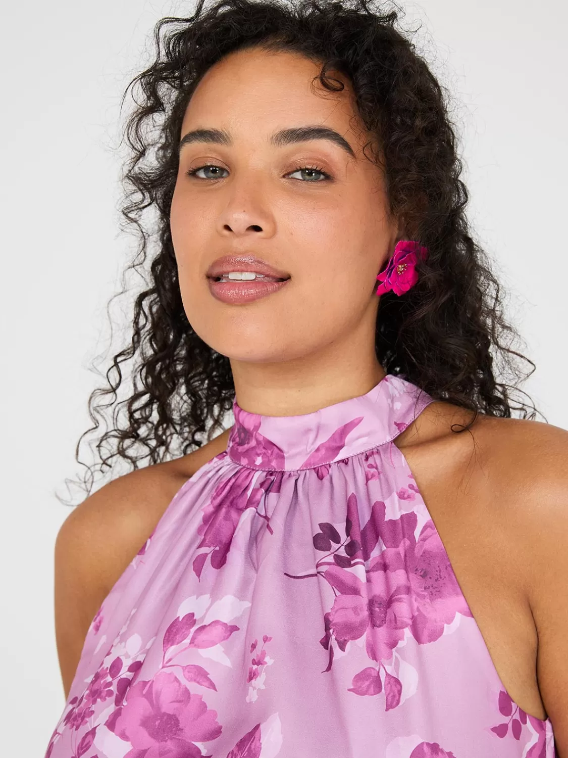 Suzy Shier Midi & Maxi*Floral Print Halter Neck Satin Maxi Dress