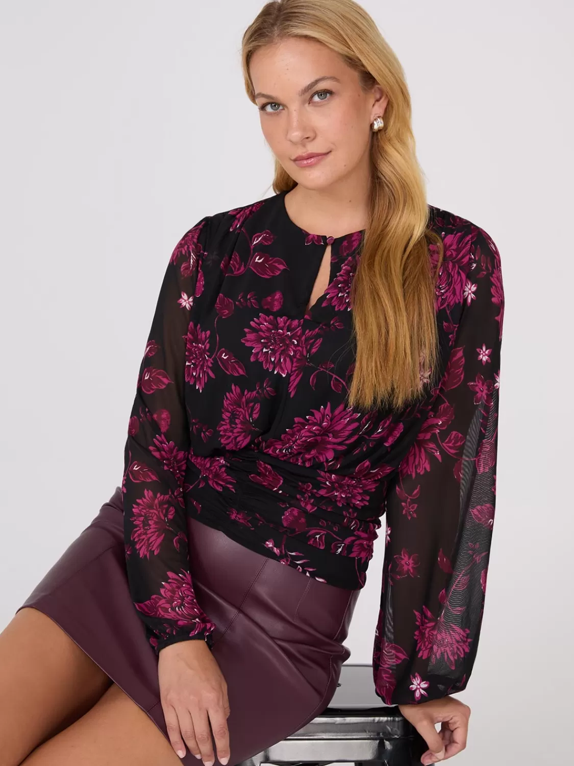 Suzy Shier Tops | Long Sleeve*Floral Print Mesh Top With Ruched Waistband