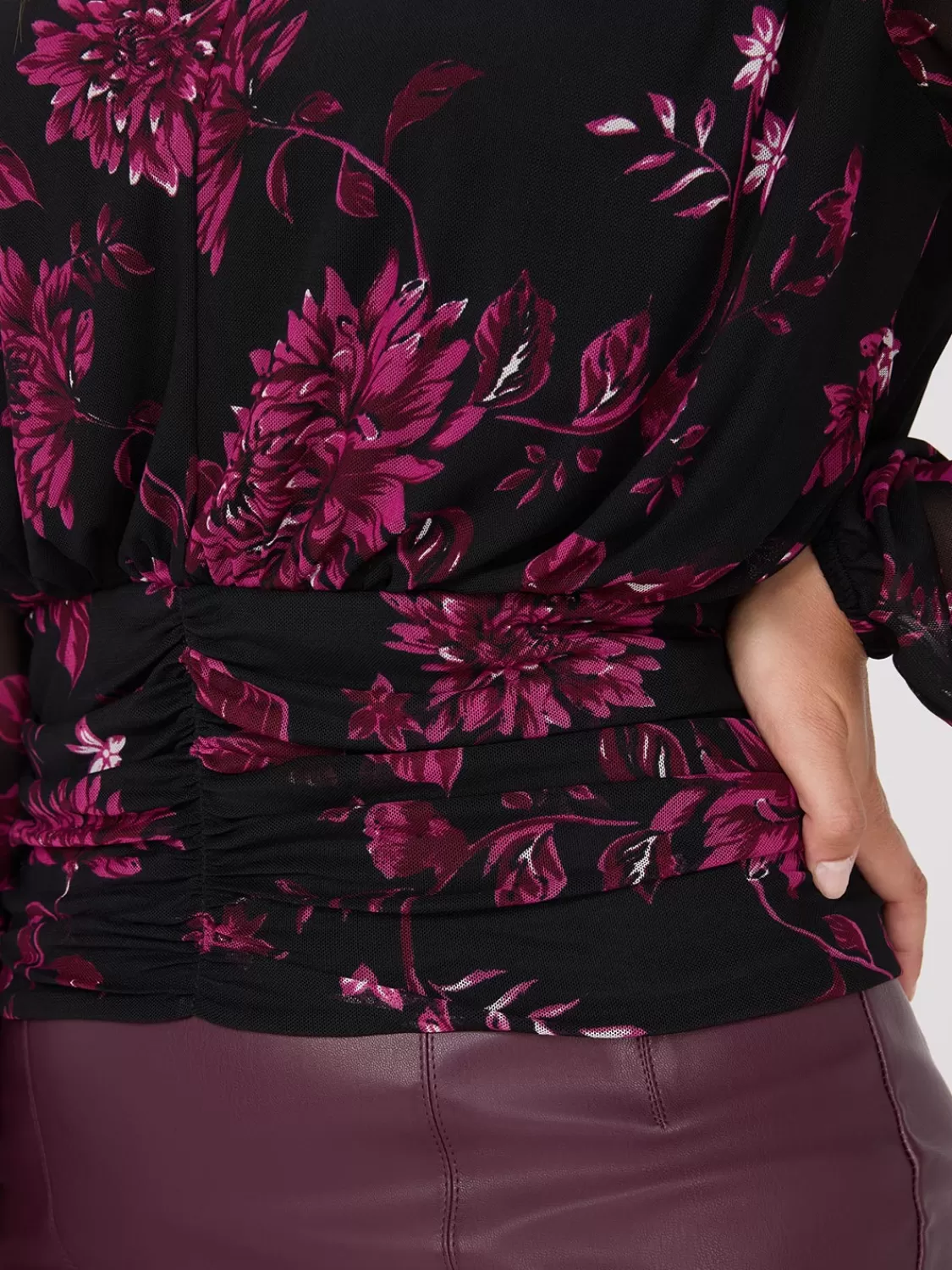 Suzy Shier Tops | Long Sleeve*Floral Print Mesh Top With Ruched Waistband
