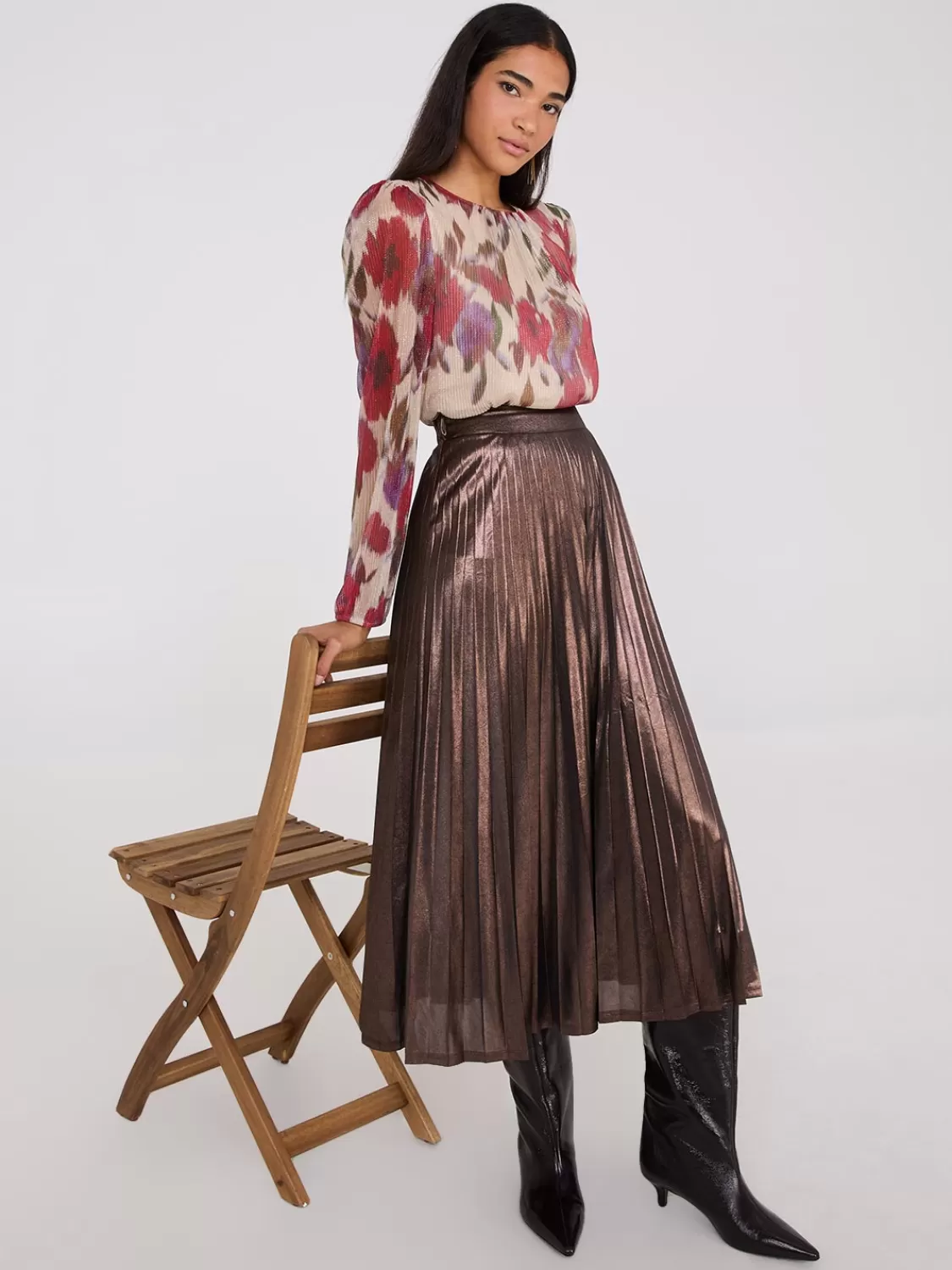 Suzy Shier Long Sleeve | Fashion Tops*Floral Print Metallic Plisse Mesh Top
