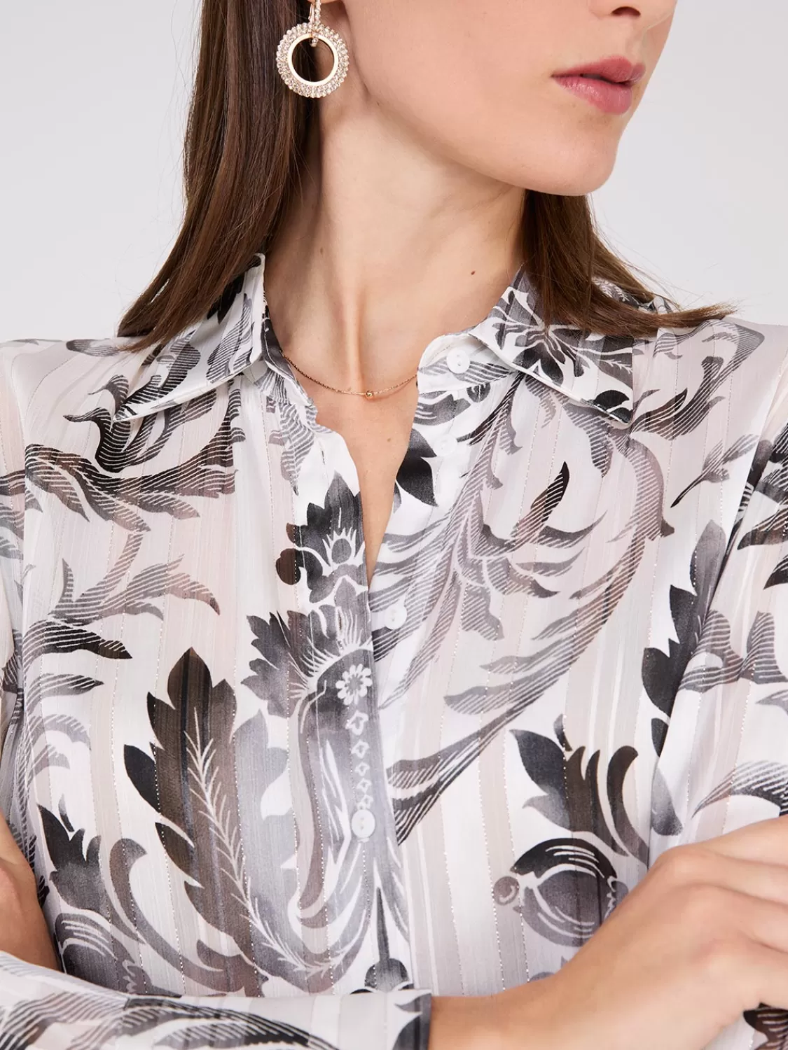 Suzy Shier Tops | Long Sleeve*Floral Print Metallic Shadow Stripe Chiffon Blouse