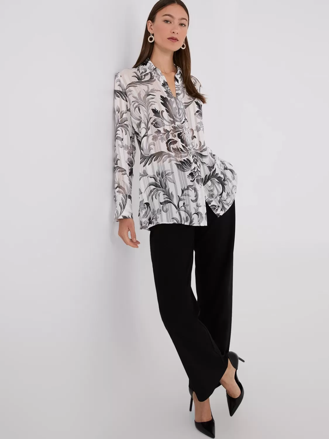 Suzy Shier Tops | Long Sleeve*Floral Print Metallic Shadow Stripe Chiffon Blouse