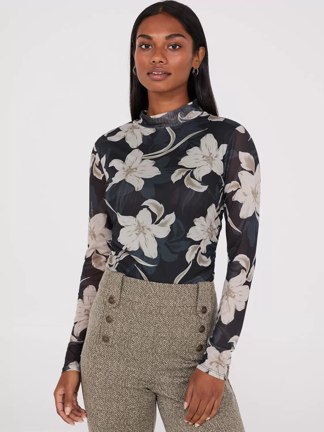 Suzy Shier Tops | Long Sleeve*Floral Print Mock Neck Mesh Top
