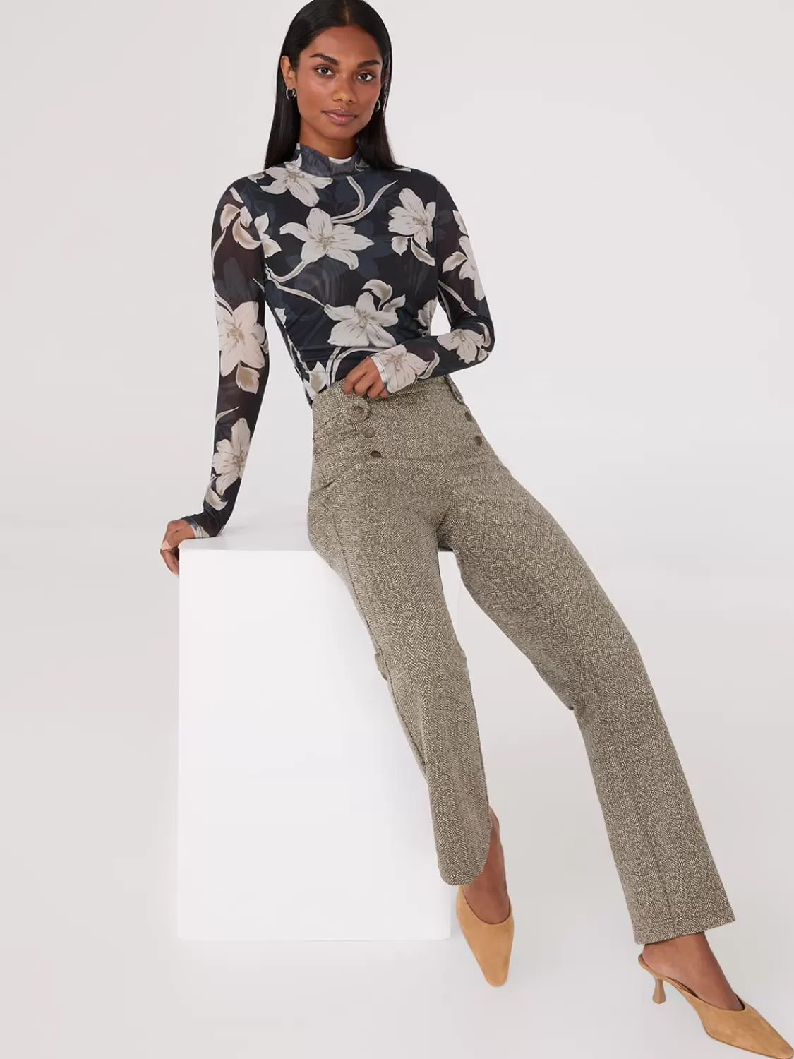 Suzy Shier Tops | Long Sleeve*Floral Print Mock Neck Mesh Top
