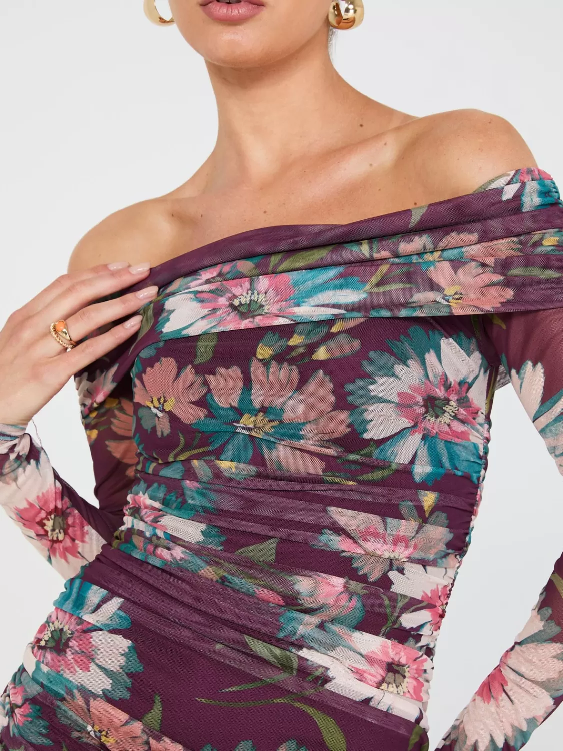 Suzy Shier Mini | Party Dresses*Floral Print Off-The-Shoulder Mesh Dress