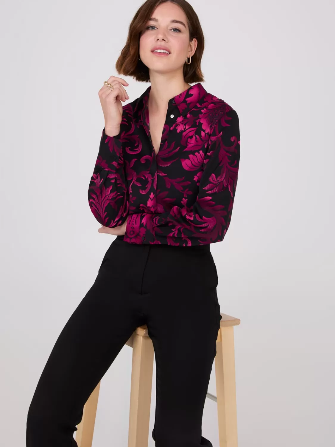 Suzy Shier Tops | Long Sleeve*Floral Print Rounded Hem Blouse