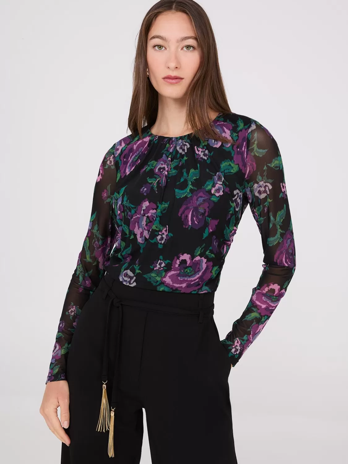 Suzy Shier Tops | Long Sleeve*Floral Print Ruched Mesh Top