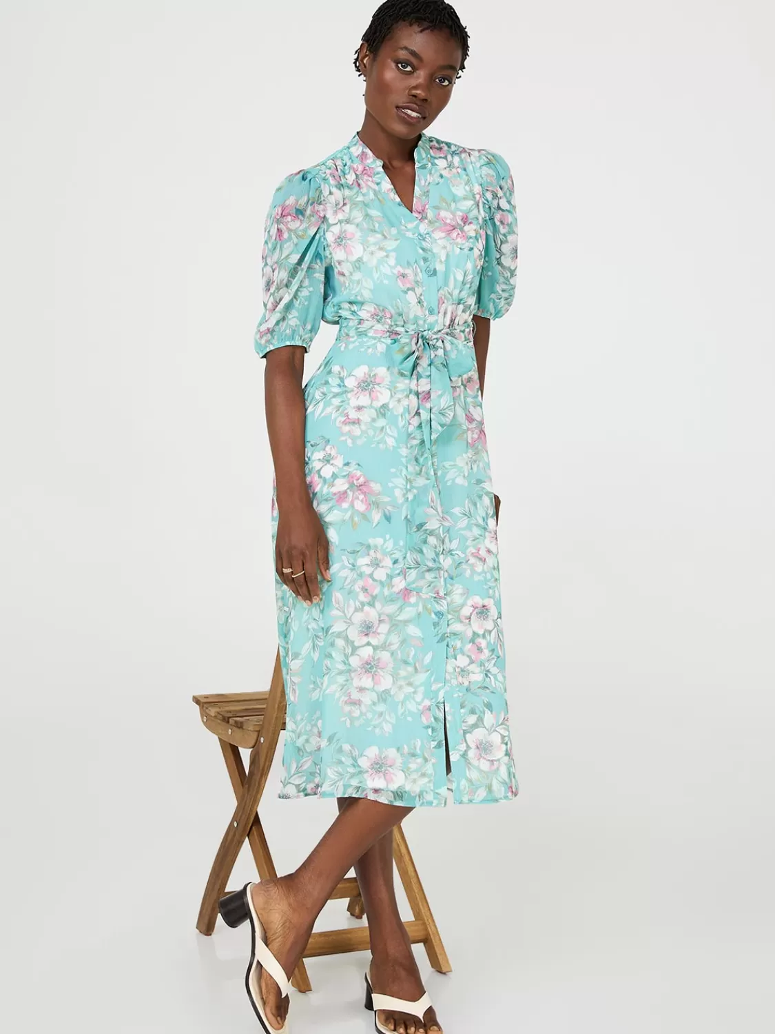 Suzy Shier Casual Dresses | Midi & Maxi*Floral Print Split Neck Dress With Balloon Sleeves