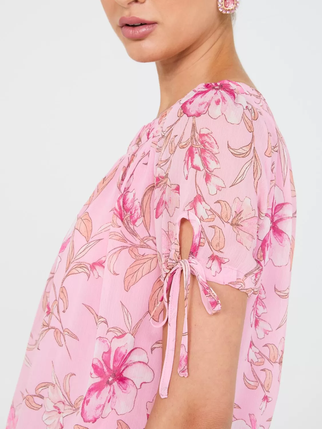 Suzy Shier Tops | Short Sleeve*Floral Print Tie-Sleeve Top
