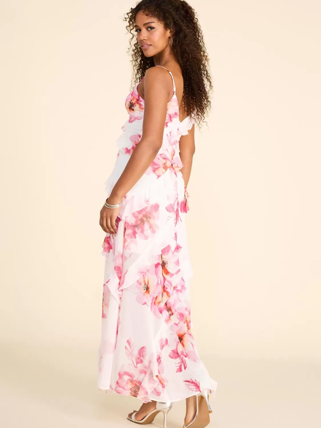 Suzy Shier Evening Gowns - Le Château*Floral Print V-Neck Allover Ruffle Gown