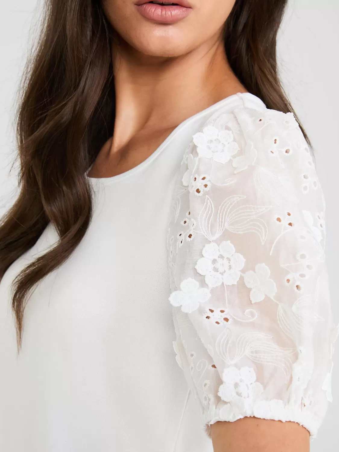 Suzy Shier Tops | Short Sleeve*Flower Embroidered Eyelet Sleeve Top