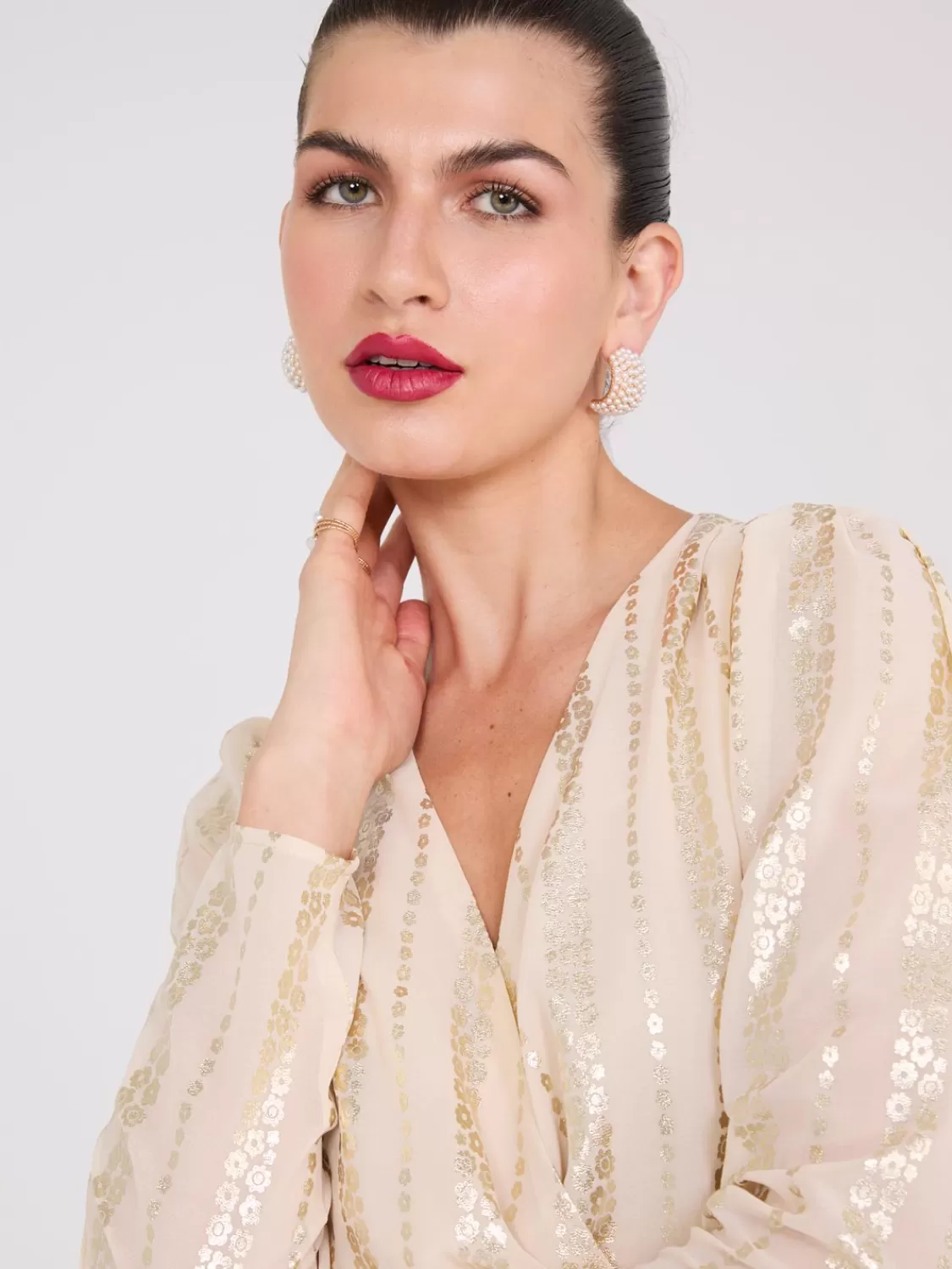Suzy Shier Tops | Long Sleeve*Foil Floral Print Cross-Front Top
