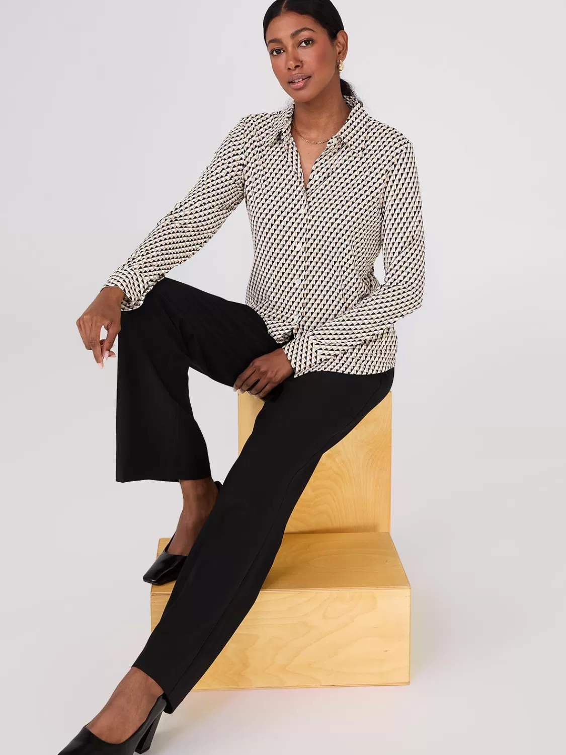 Suzy Shier Tops | Long Sleeve*Geo Print Button-Front Classic Blouse